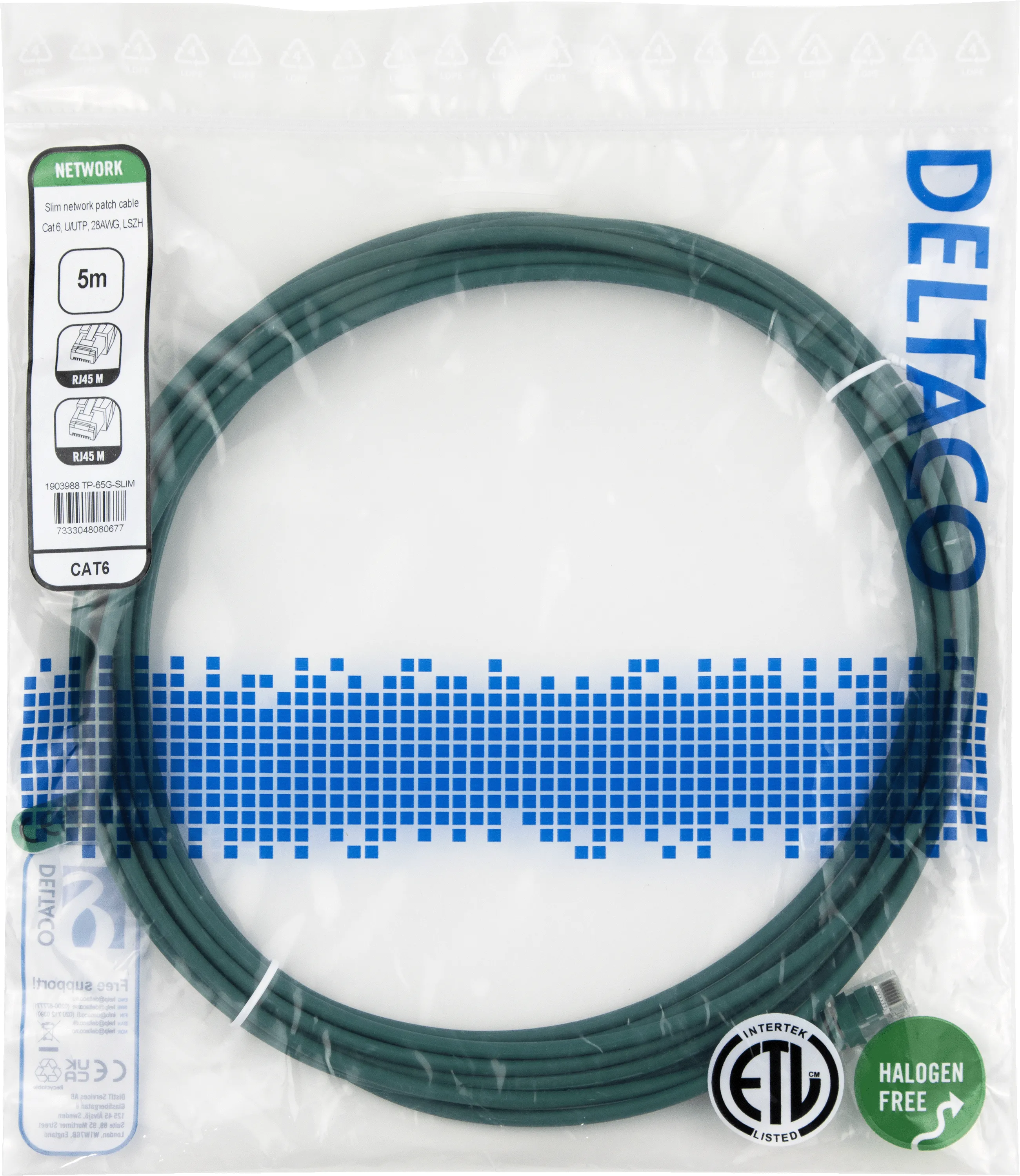 Deltaco Cat6 UTP RJ45 5m -verkkokaapeli, vihre&auml;