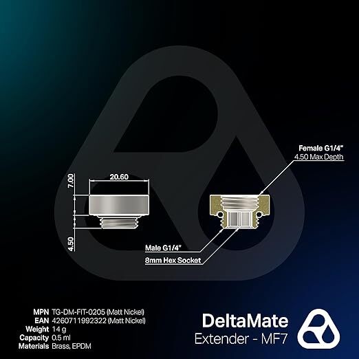Thermal Grizzly DeltaMate TG-DM-FIT-0205, G1/4-jatkoliitin, 7 mm, matta nikkeli