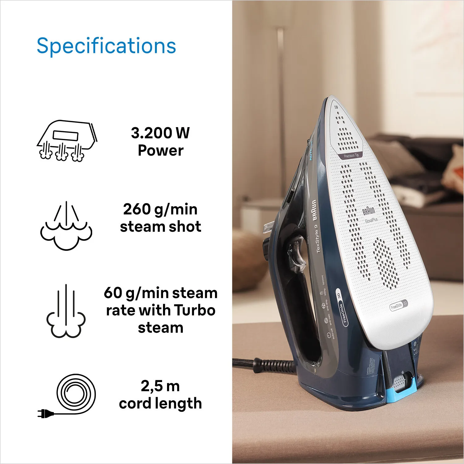 Braun TexStyle 9 SI 9682 DB Steam Iron, 3200W, 0.33L, Dark Blue