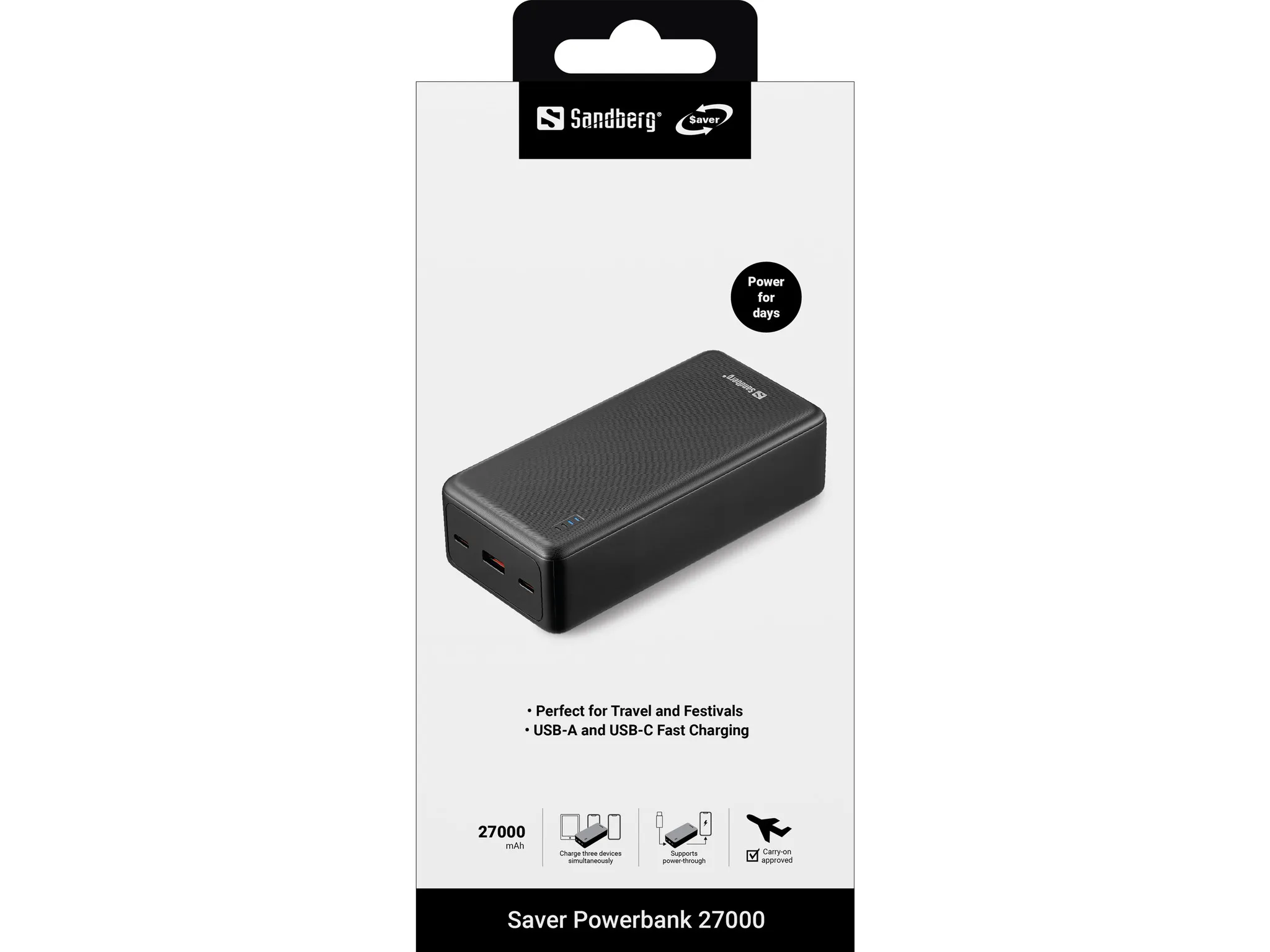 Sandberg Saver 27000 mAh, 22.5W, PD 20W - powerbank, Black