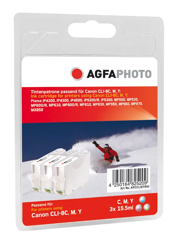 AGFAPHOTO APCCLI8TRID -mustekasettipakkaus, syaani/magenta/keltainen, 3 kpl