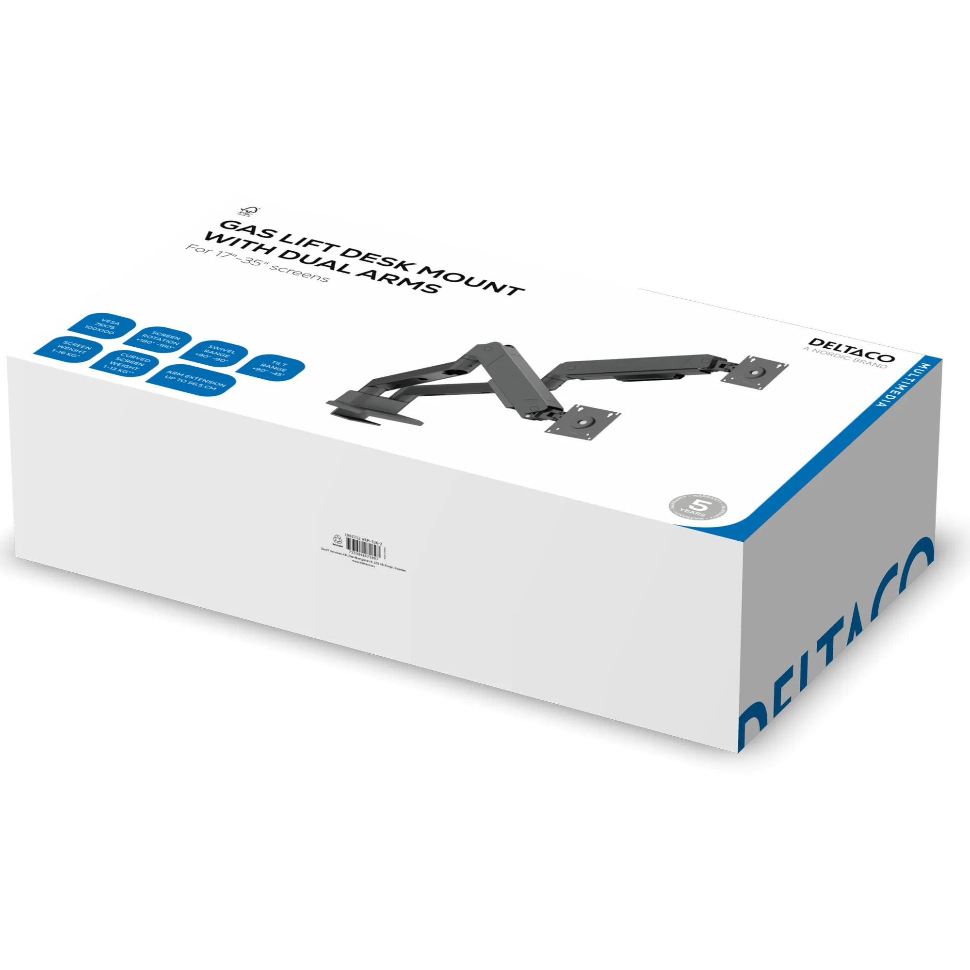 DELTACO ARM-536-2 bordf&auml;ste, f&ouml;r 2 sk&auml;rmar, 17-35", med gasfj&auml;der, 16 kg, svart