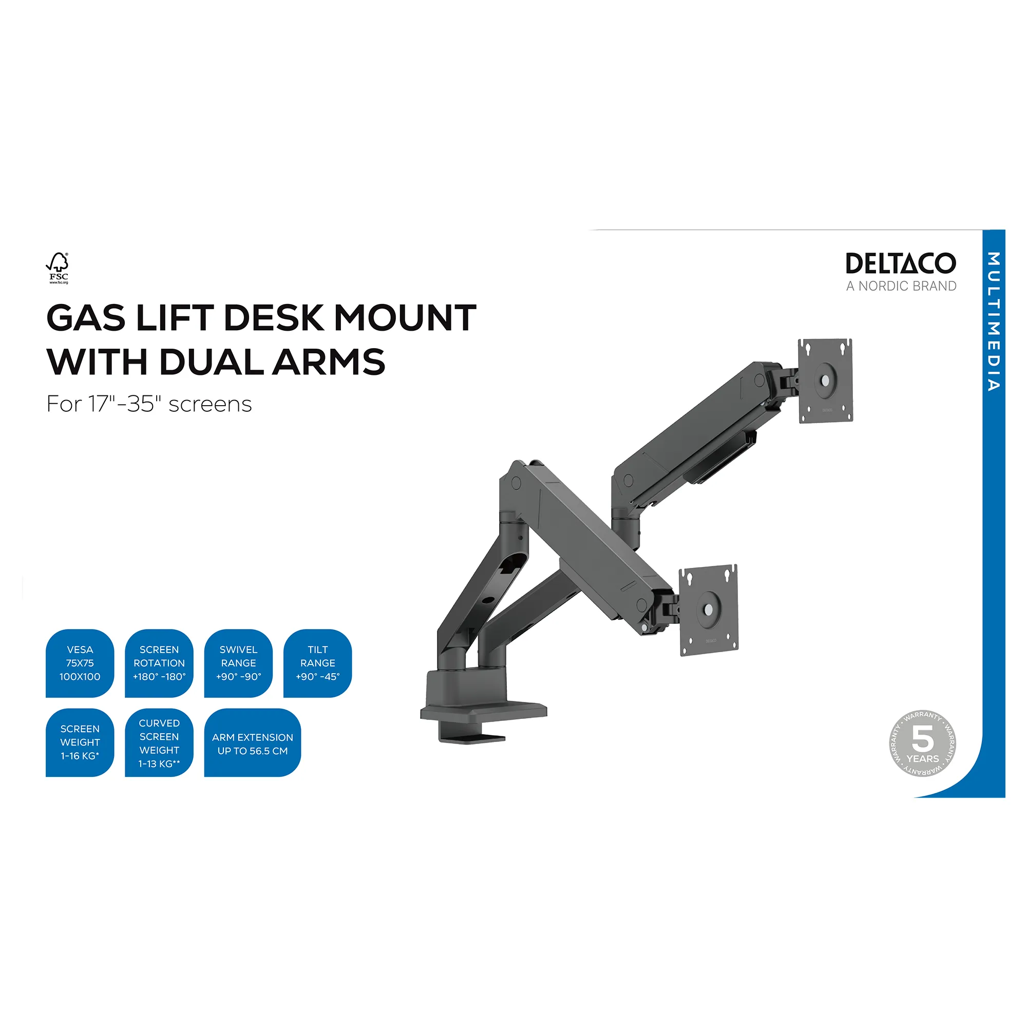 DELTACO ARM-536-2 bordf&auml;ste, f&ouml;r 2 sk&auml;rmar, 17-35", med gasfj&auml;der, 16 kg, svart