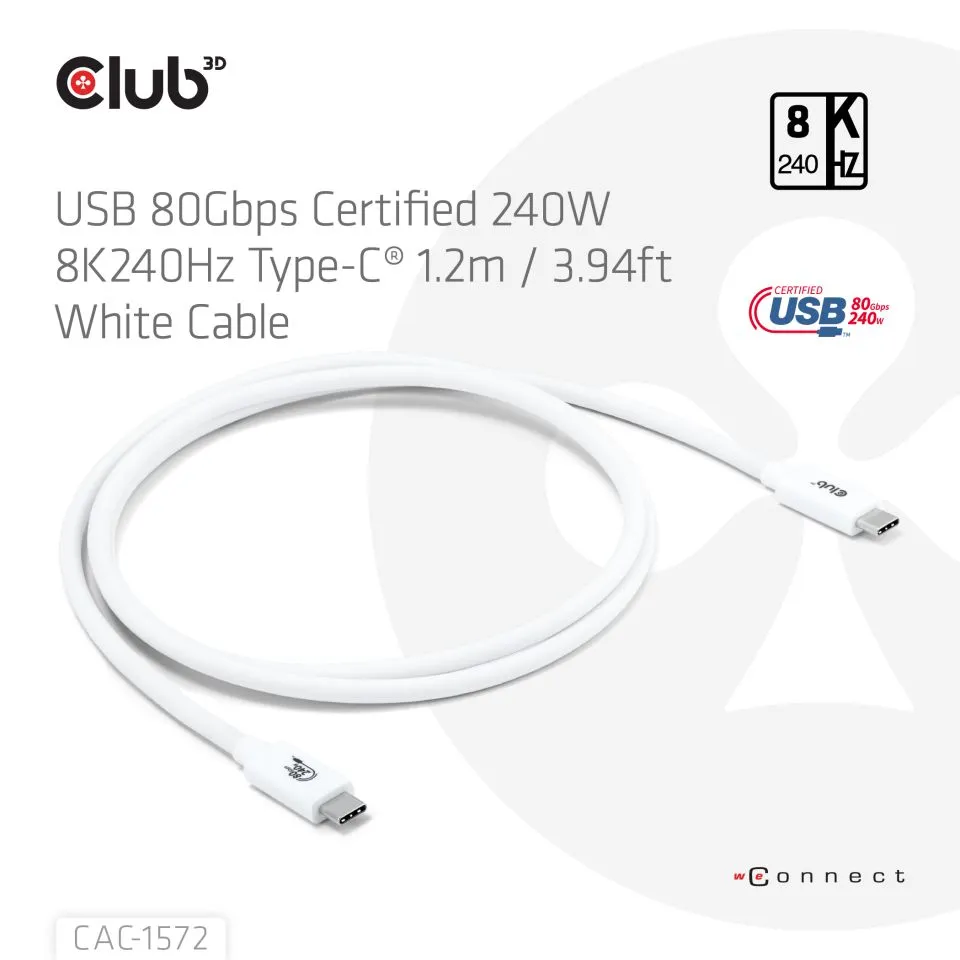 Club 3D USB-C - USB-C USB4 v2 4K540Hz 240W - cable, White, 1.2m