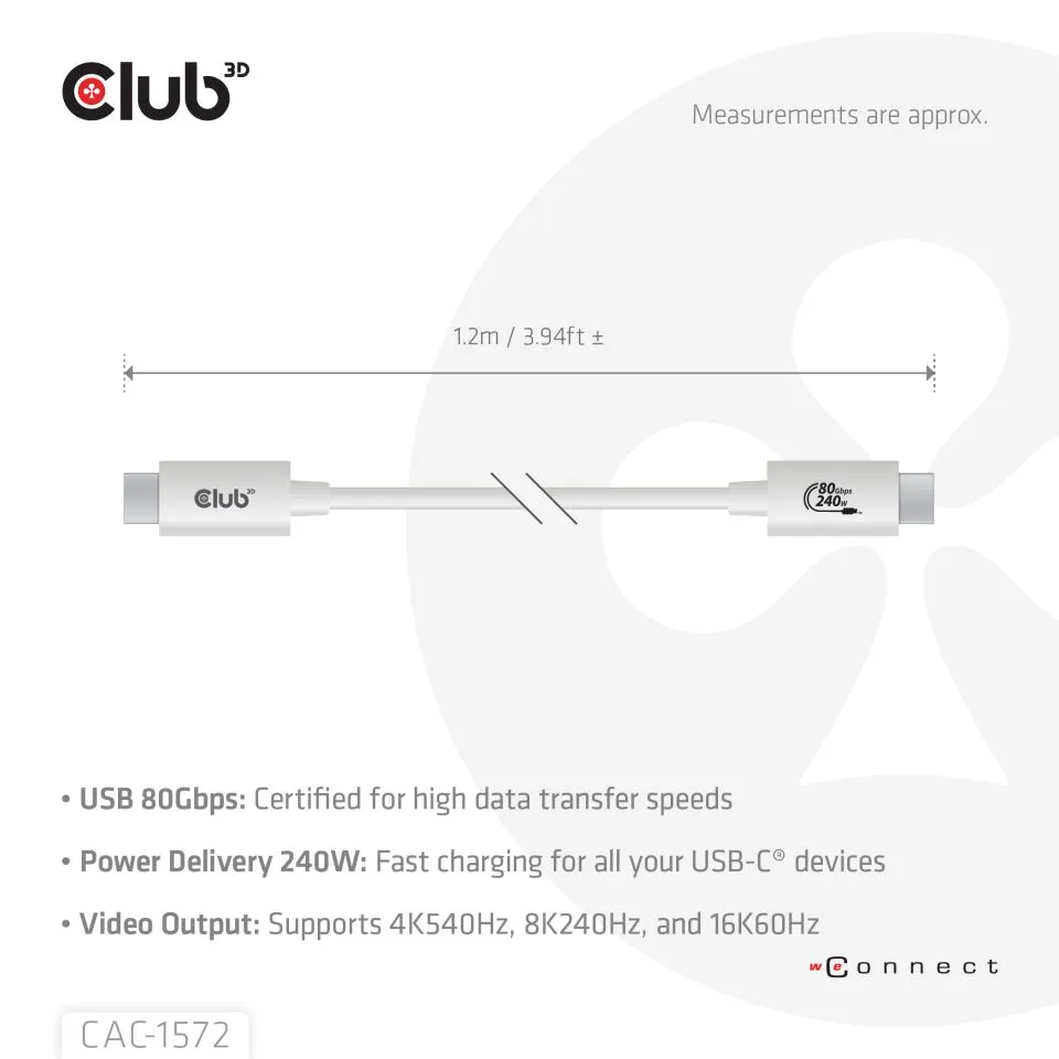 Club 3D USB-C - USB-C USB4 v2 4K540Hz 240W - cable, White, 1.2m