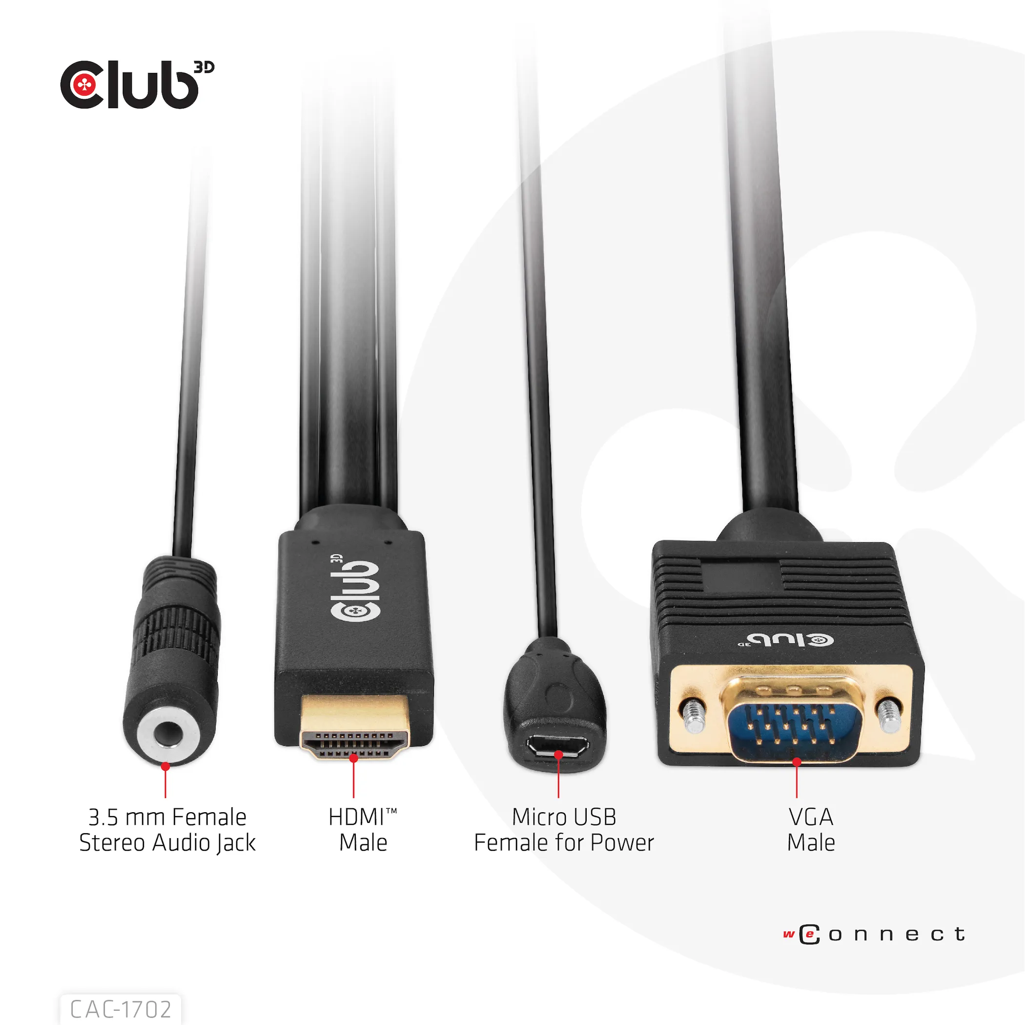 Club 3D HDMI - VGA, with Micro-USB extra power and 3.5mm audio - adapter, Black, 2m