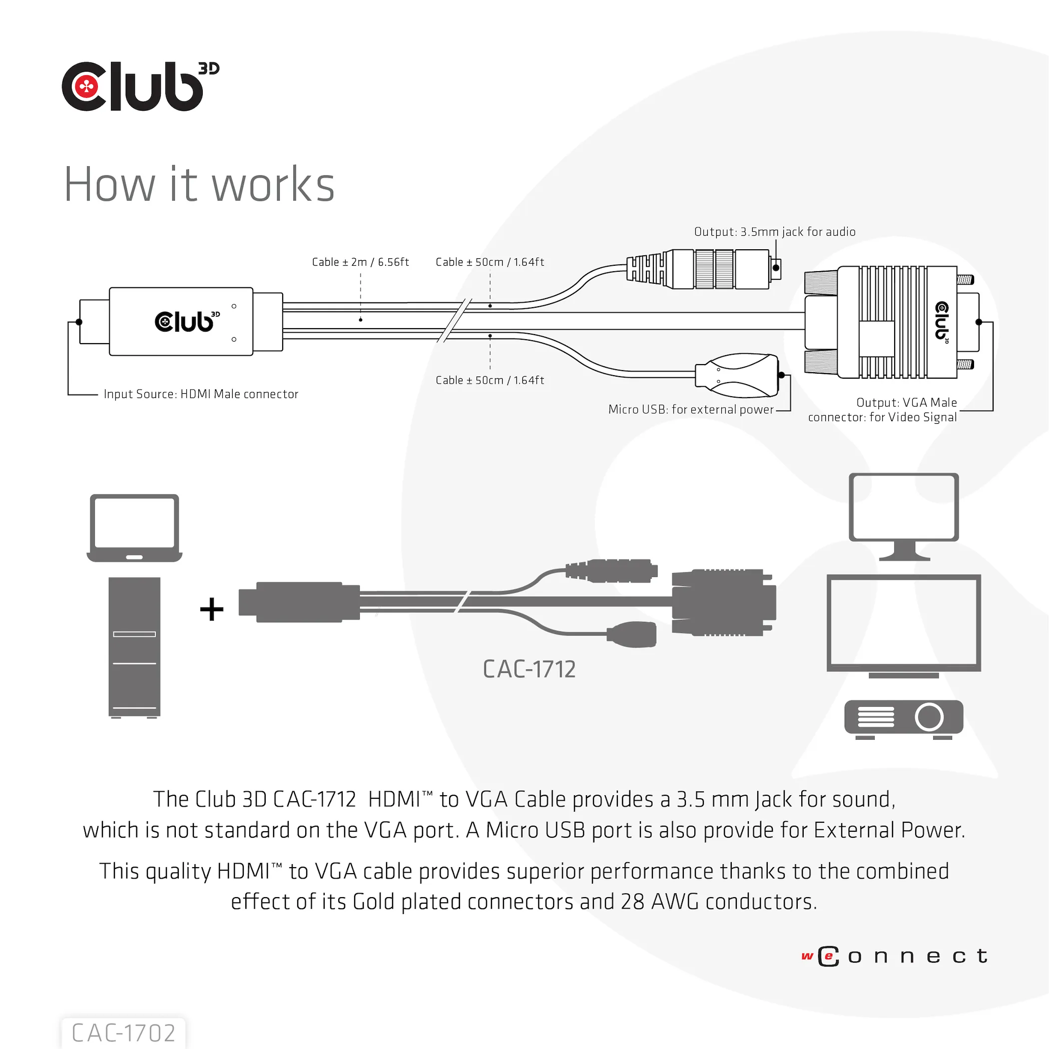 Club 3D HDMI - VGA, with Micro-USB extra power and 3.5mm audio - adapter, Black, 2m