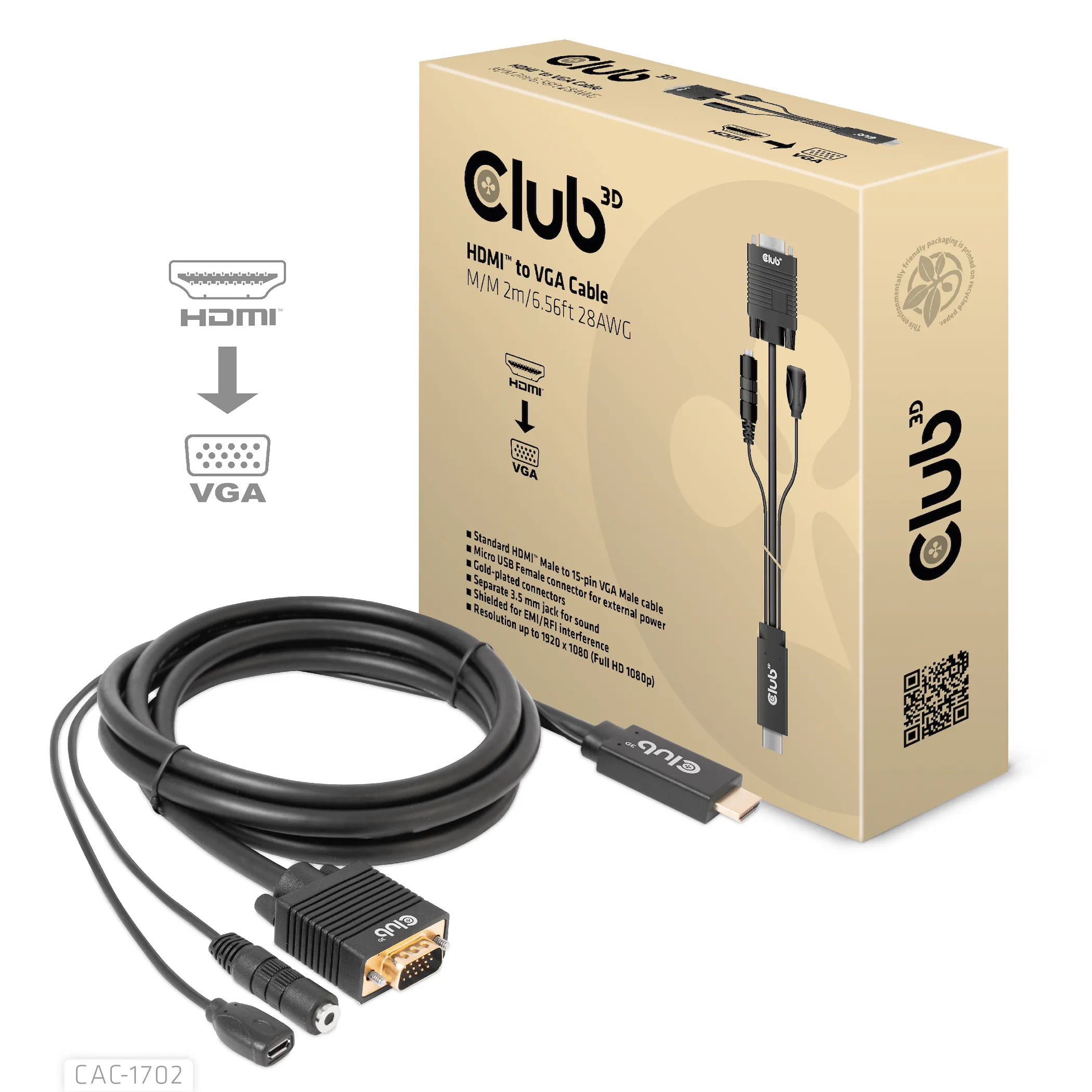 Club 3D HDMI - VGA, with Micro-USB extra power and 3.5mm audio - adapter, Black, 2m