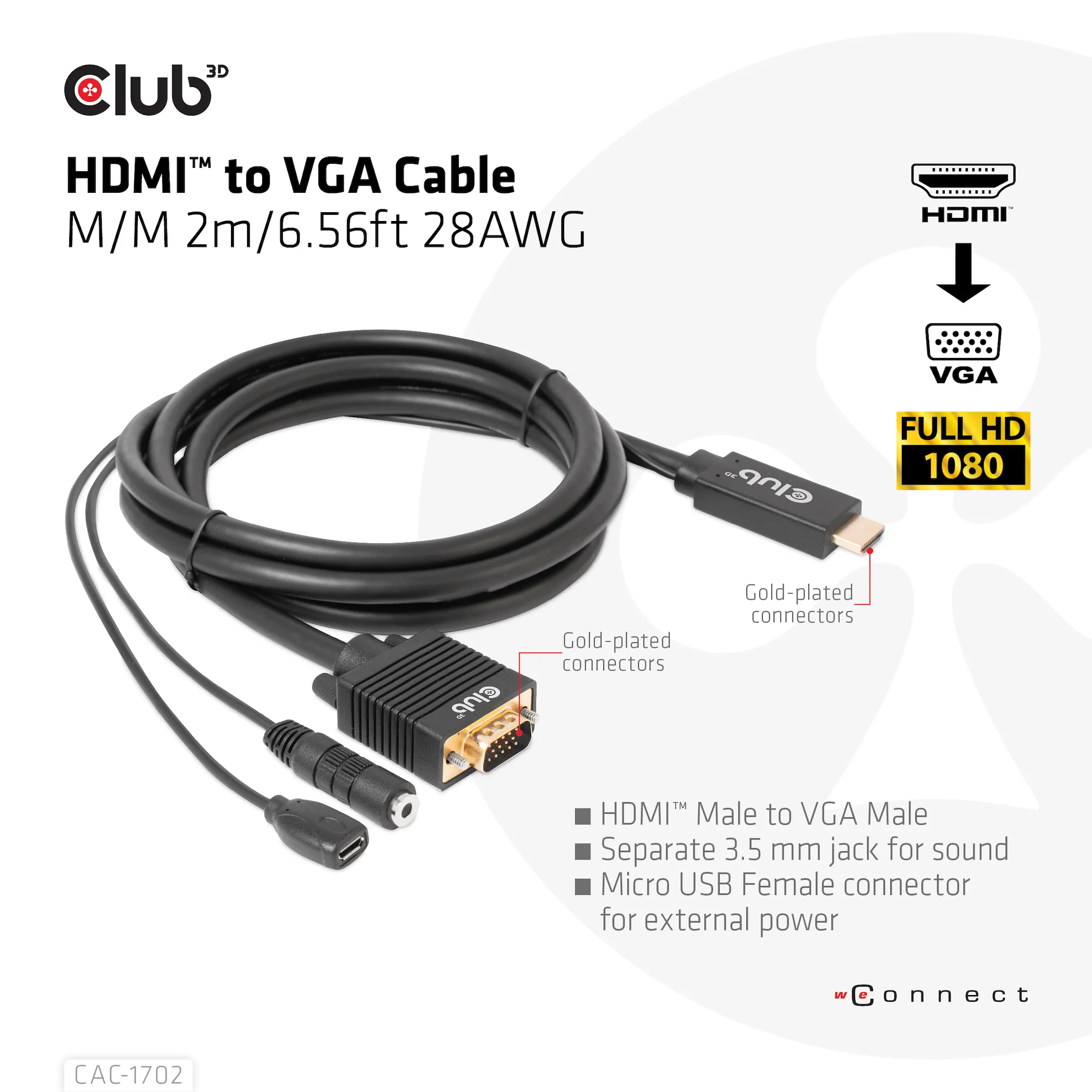 Club 3D HDMI - VGA, with Micro-USB extra power and 3.5mm audio - adapter, Black, 2m
