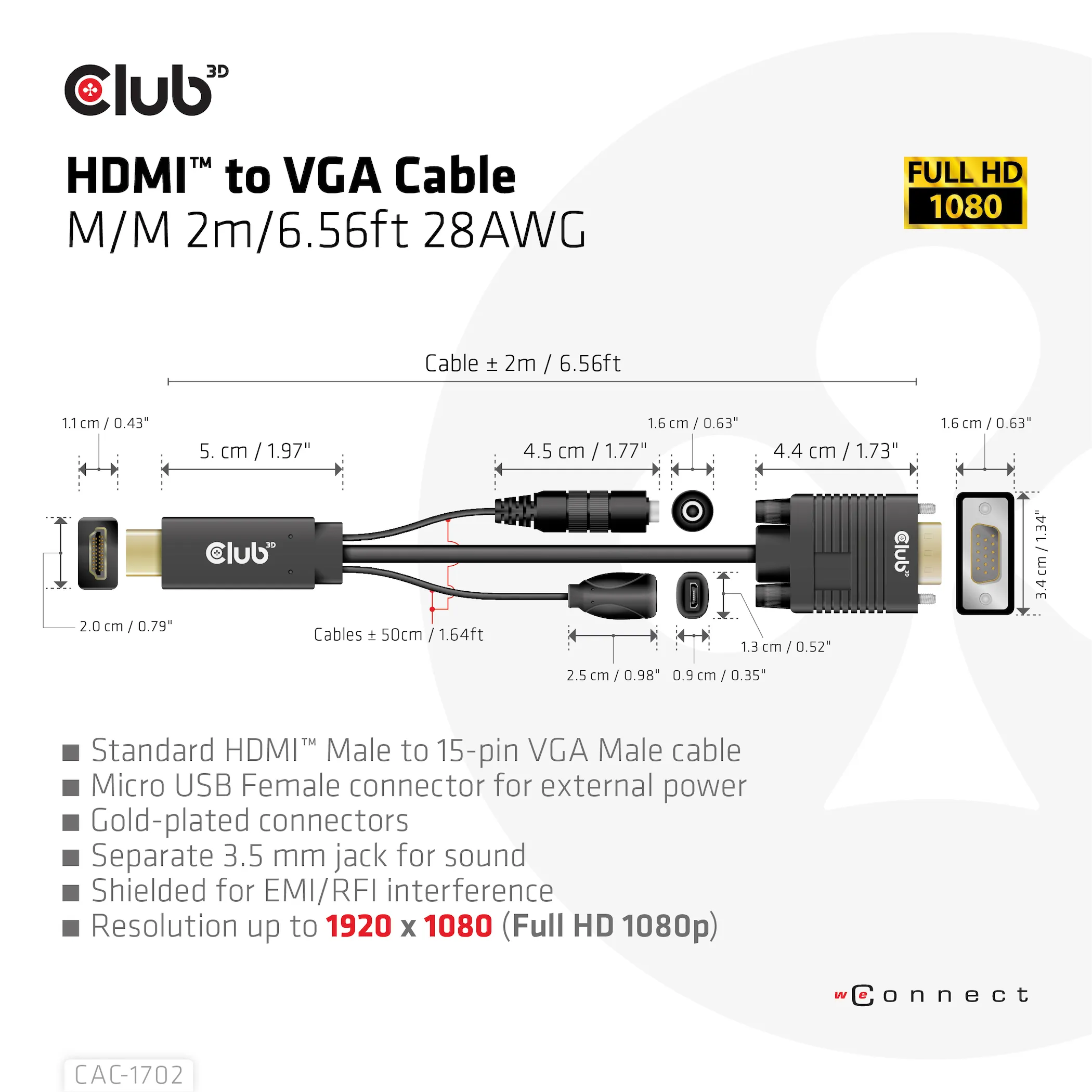 Club 3D HDMI - VGA, with Micro-USB extra power and 3.5mm audio - adapter, Black, 2m