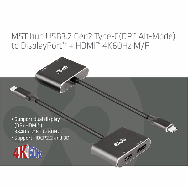 CLUB 3D USB TYPE C 3.2 GEN1 MULTISTREAM TRANSPORT HUB TO DP and HDMI DUAL MONITOR 4K60HZ