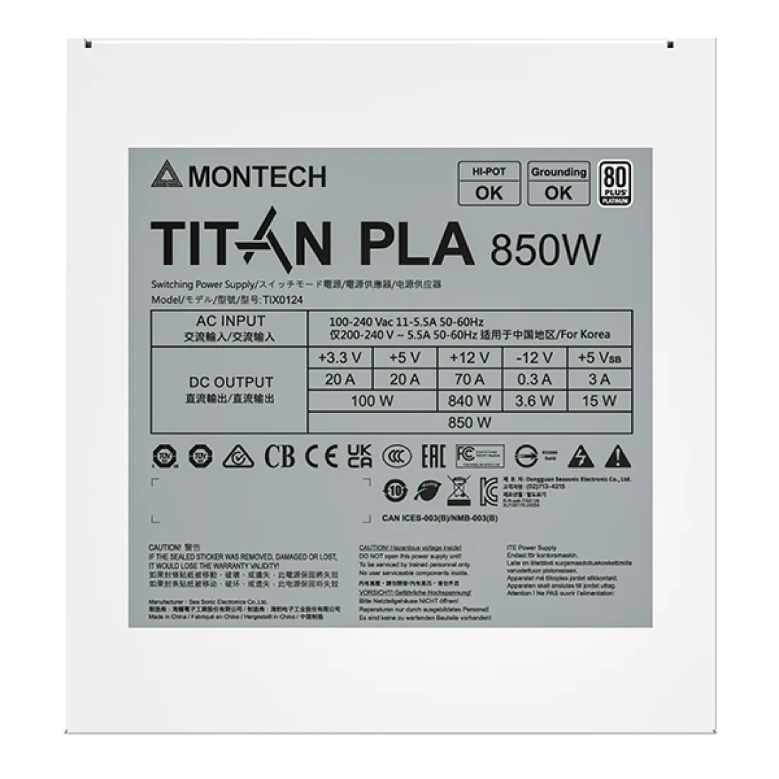 MONTECH TITAN PLA 850W -virtal&auml;hde, 80 Plus Platinum