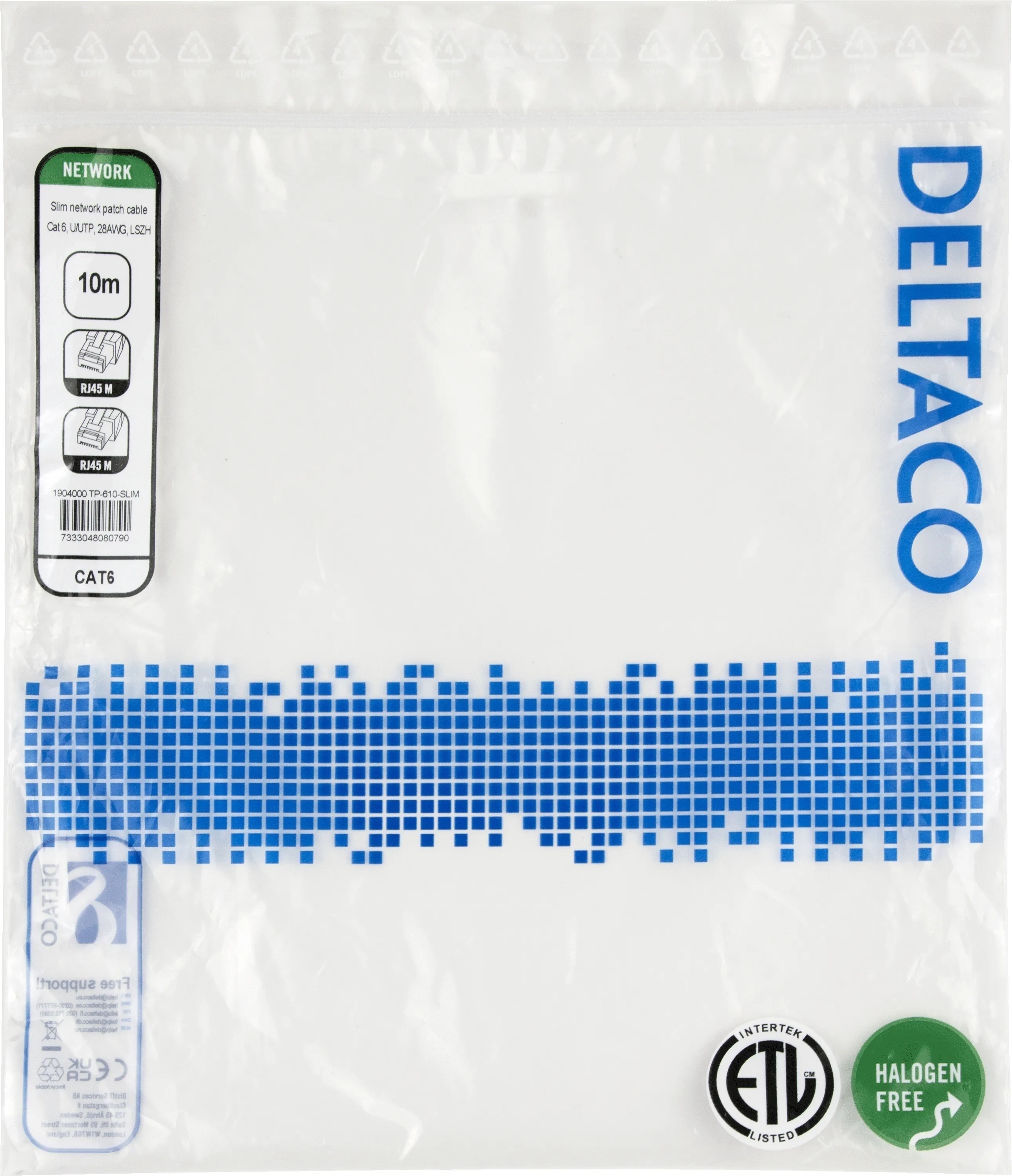 Deltaco Cat6 UTP RJ45 10m n&auml;tverkskabel, gr&aring;