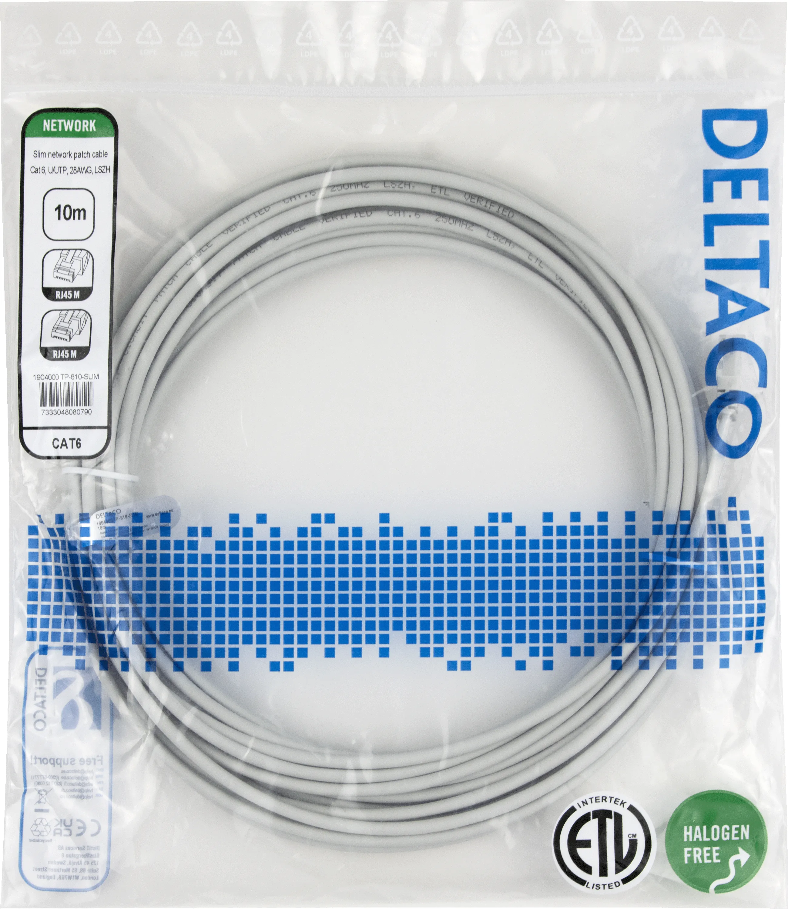 Deltaco Cat6 UTP RJ45 10m n&auml;tverkskabel, gr&aring;