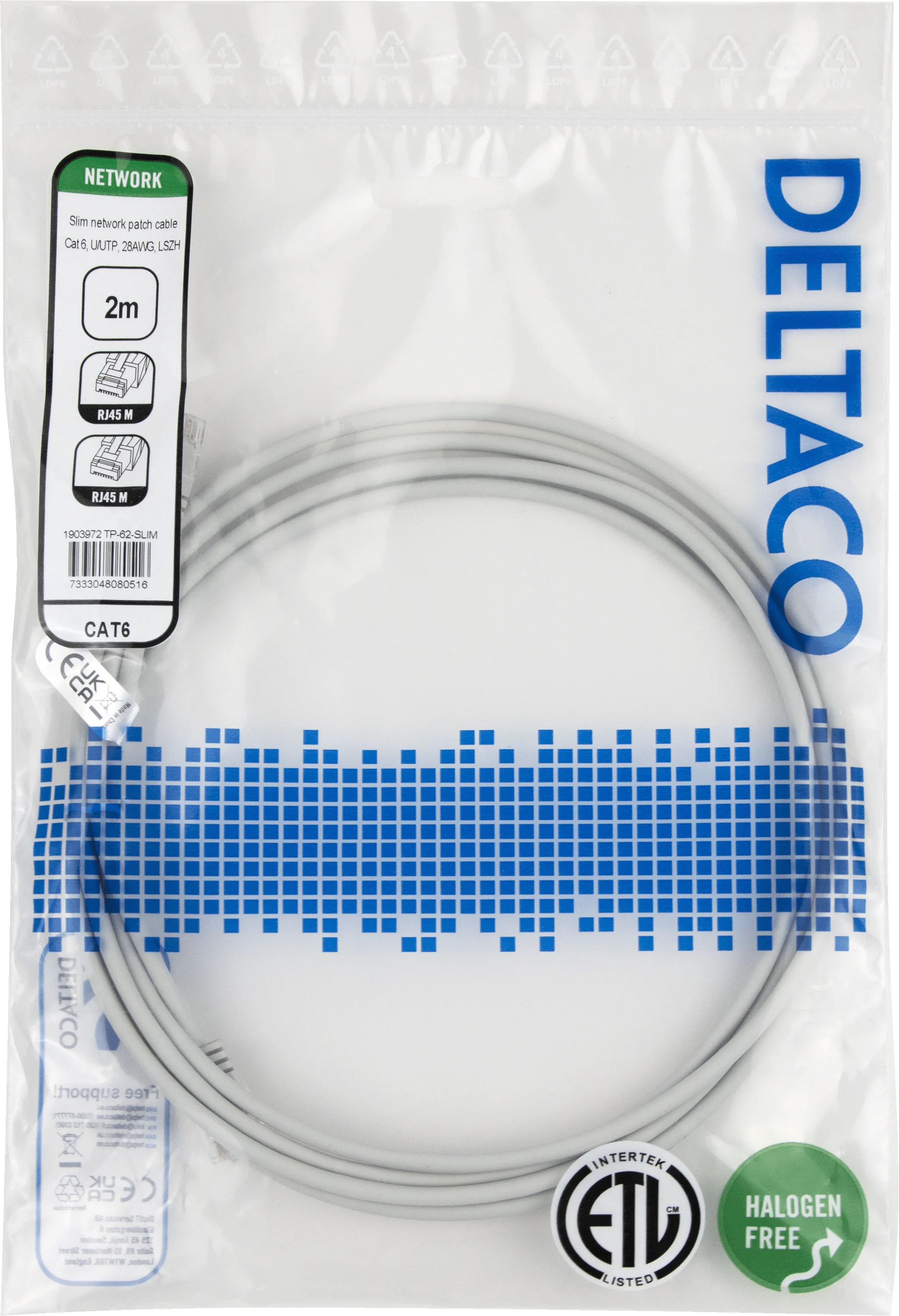 Deltaco Cat6 UTP RJ45 2m -verkkokaapeli, harmaa