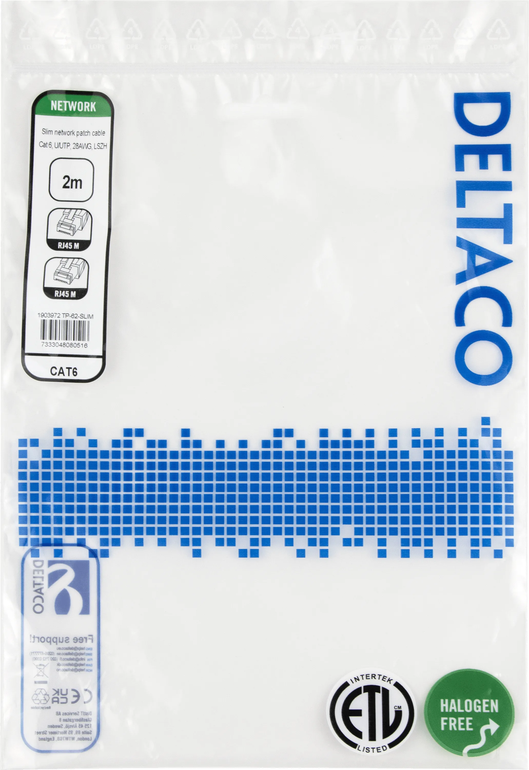 Deltaco Cat6 UTP RJ45 2m -verkkokaapeli, harmaa