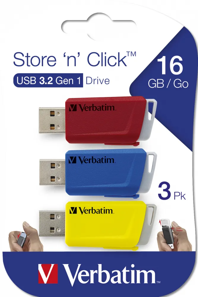 Verbatim 16 Gt Store 'n' Click USB 3.2 Gen 1x1 -muistitikku, Sininen/Punainen/Keltainen (3kpl)