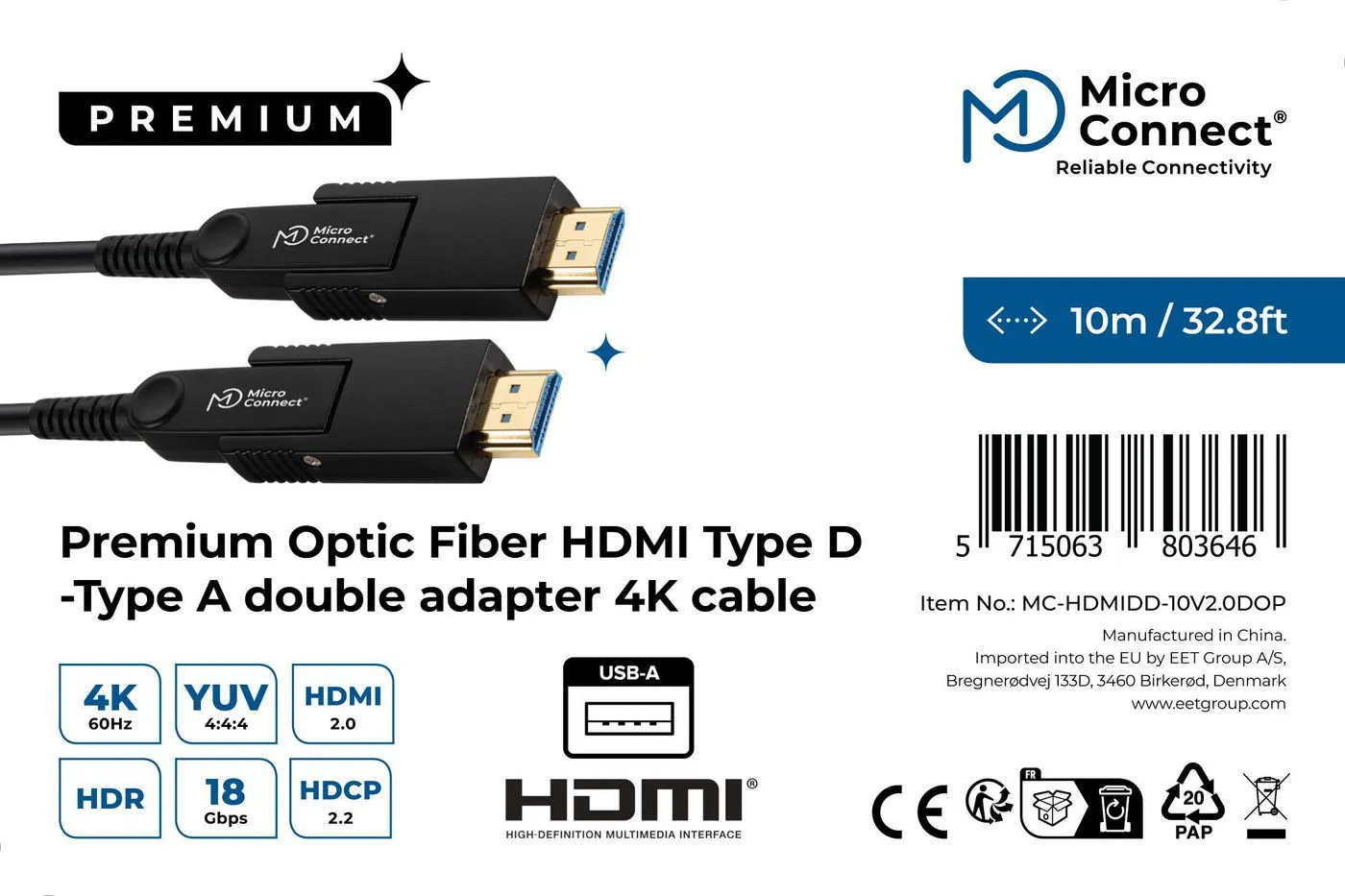 MicroConnect Premium Optic Fiber Active Flat HDMI 2.0 Type D &ndash; Type D -kaapeli, jossa Ethernet, 4K, 10 m, musta