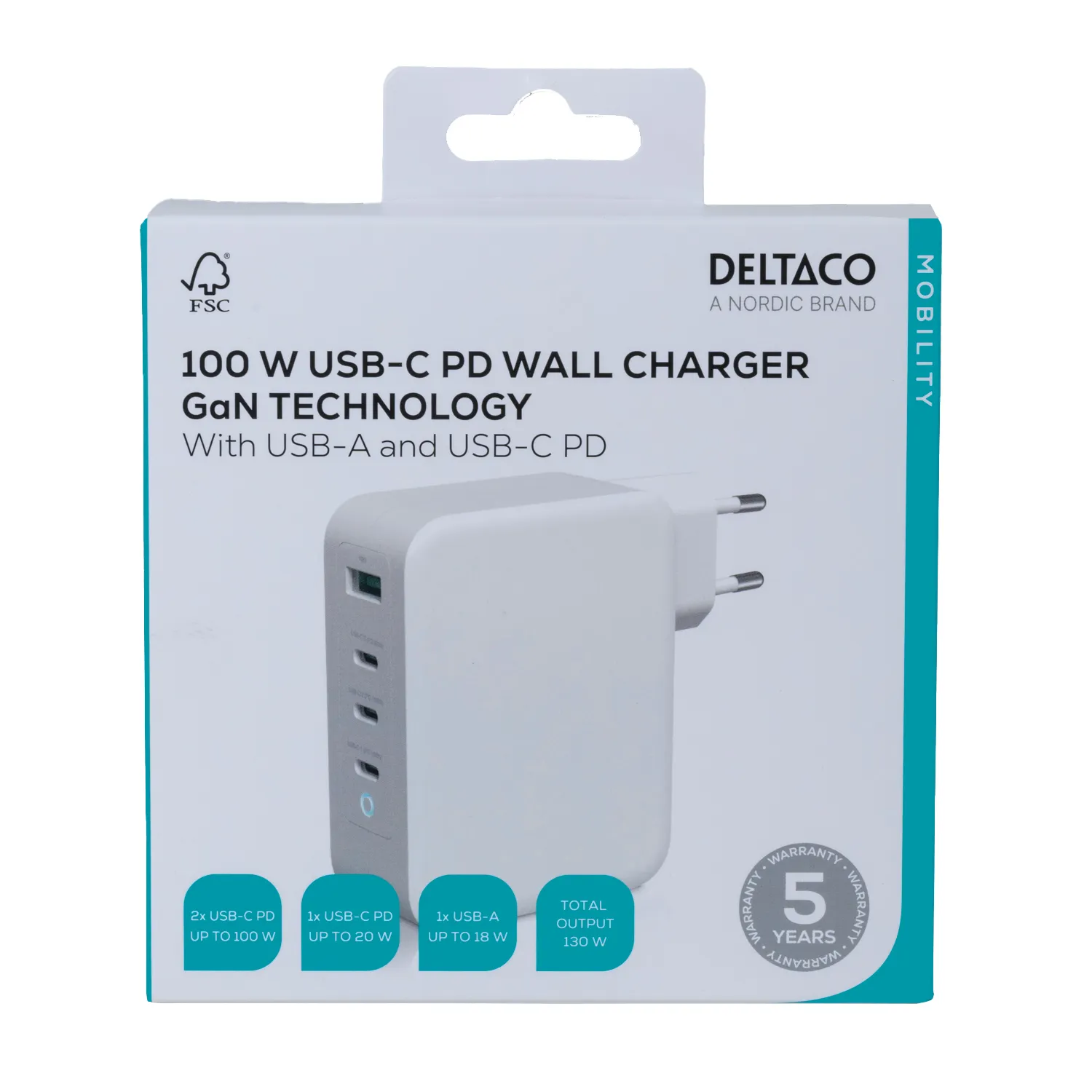 DELTACO USB-C wall charger, 1x USB-A, 3x USB-C, total 130 W, white