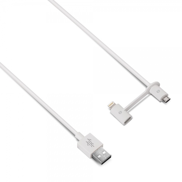 Usbepower DUO USB-A &ndash; Lightning &amp; Micro USB -kaapeli, 1,2 m, valkoinen