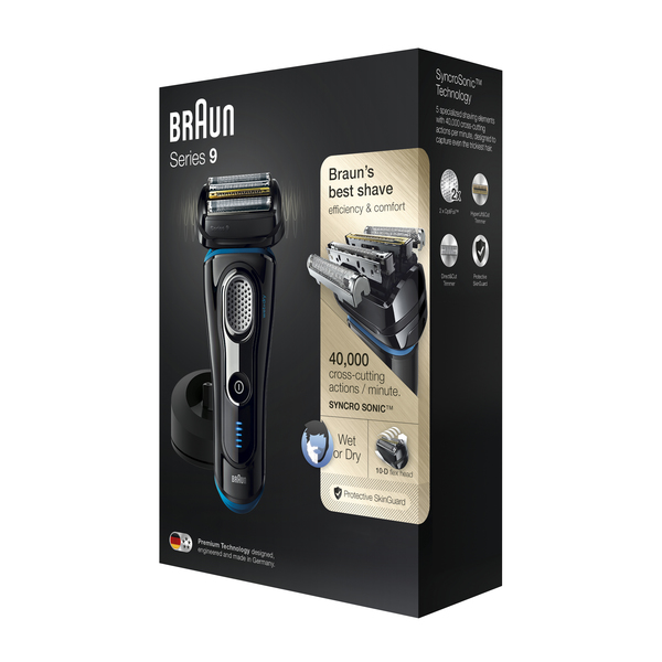 BRAUN PARRANAJOKONE 9240s Musta, SERIES-9 Wet&amp;Dry, Latausteline, SyncroSonic joustava 4-ter&auml;inen ajop&auml;&auml;, uudistettu trimmeriosa, 40% v&auml;hemm&auml;n ihokontaktia, &Auml;lyk