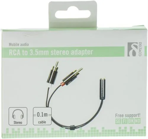 Deltaco RCA – 3.5mm - audio cable, male/female, 0.1 m, Black