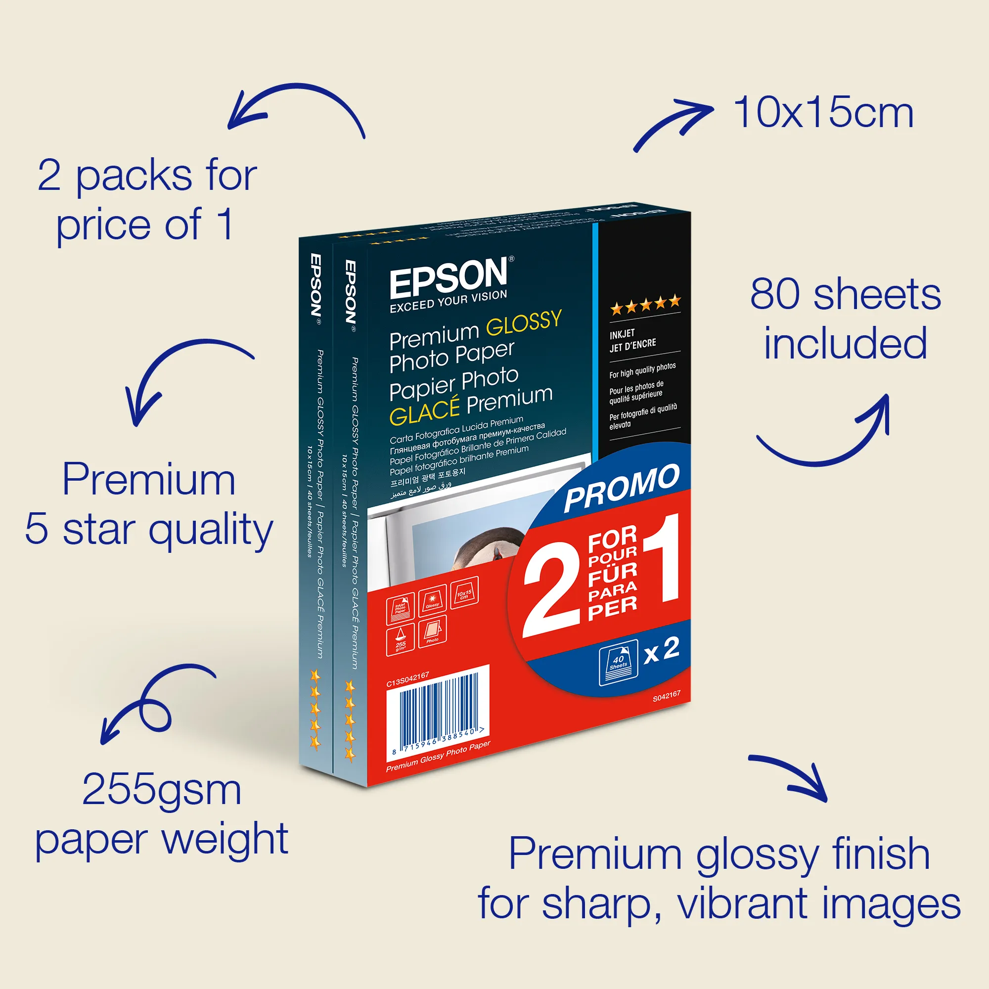 EPSON PREMIUM GLOSSY PHOTO PAPER 10X15, 255G, 80
