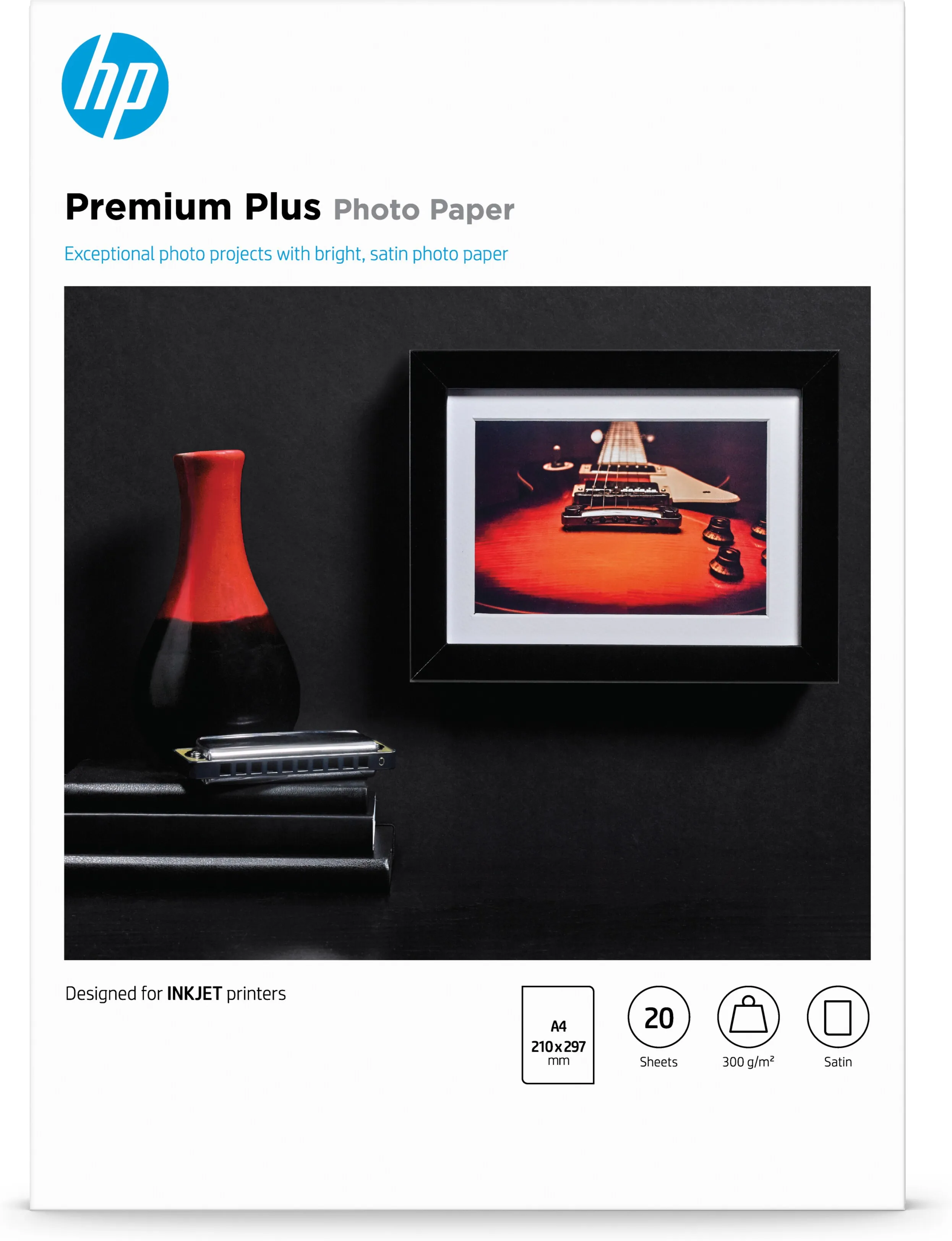 HP Premium Plus Photo Paper - Puolikiiltävä valokuvapaperi - A4 (210 x 297 mm) - 300 g/m2 - 20 arkki (arkit) malleihin Envy 100 D410, 11X D411, Officejet Pro 81