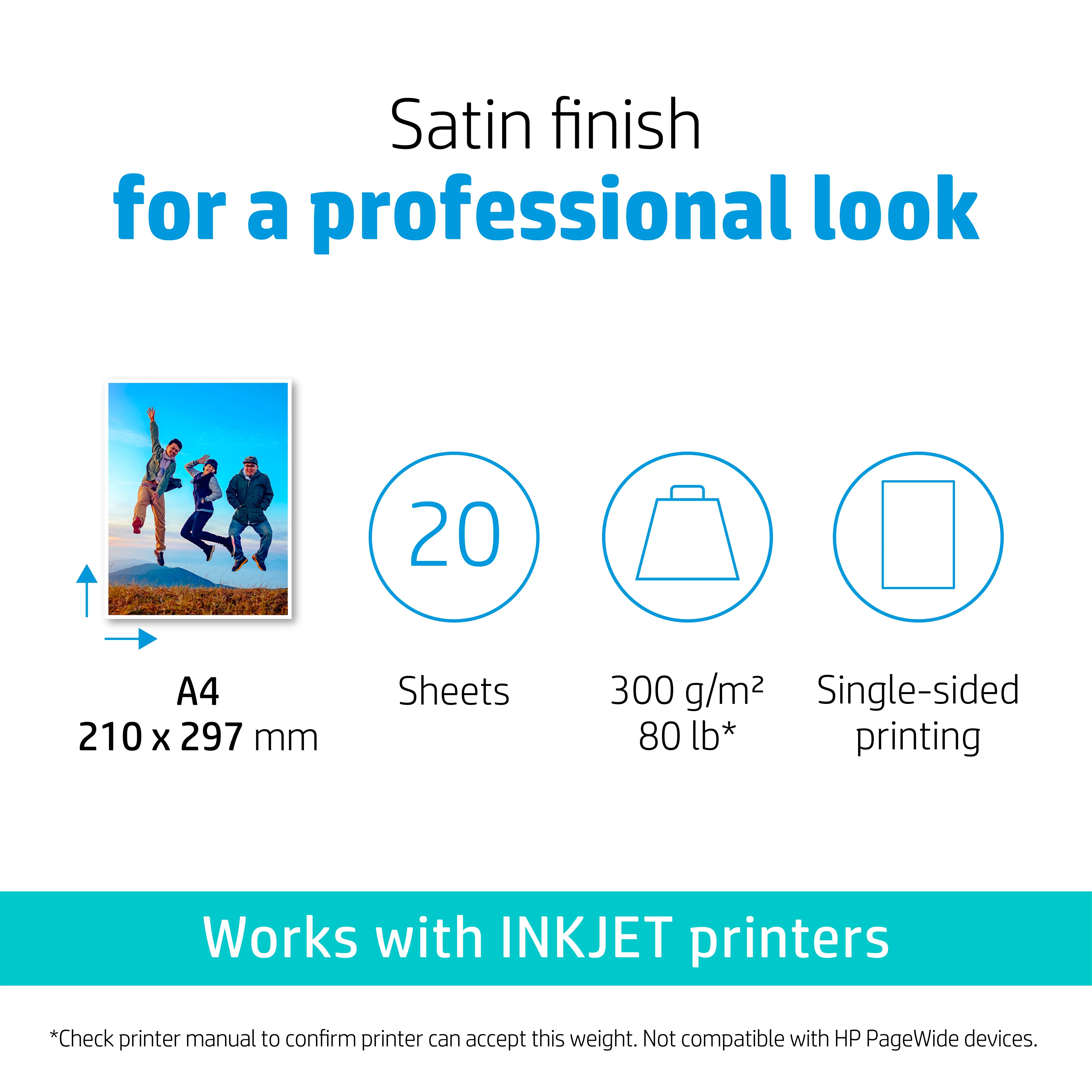 HP Premium Plus Photo Paper - Puolikiiltävä valokuvapaperi - A4 (210 x 297 mm) - 300 g/m2 - 20 arkki (arkit) malleihin Envy 100 D410, 11X D411, Officejet Pro 81