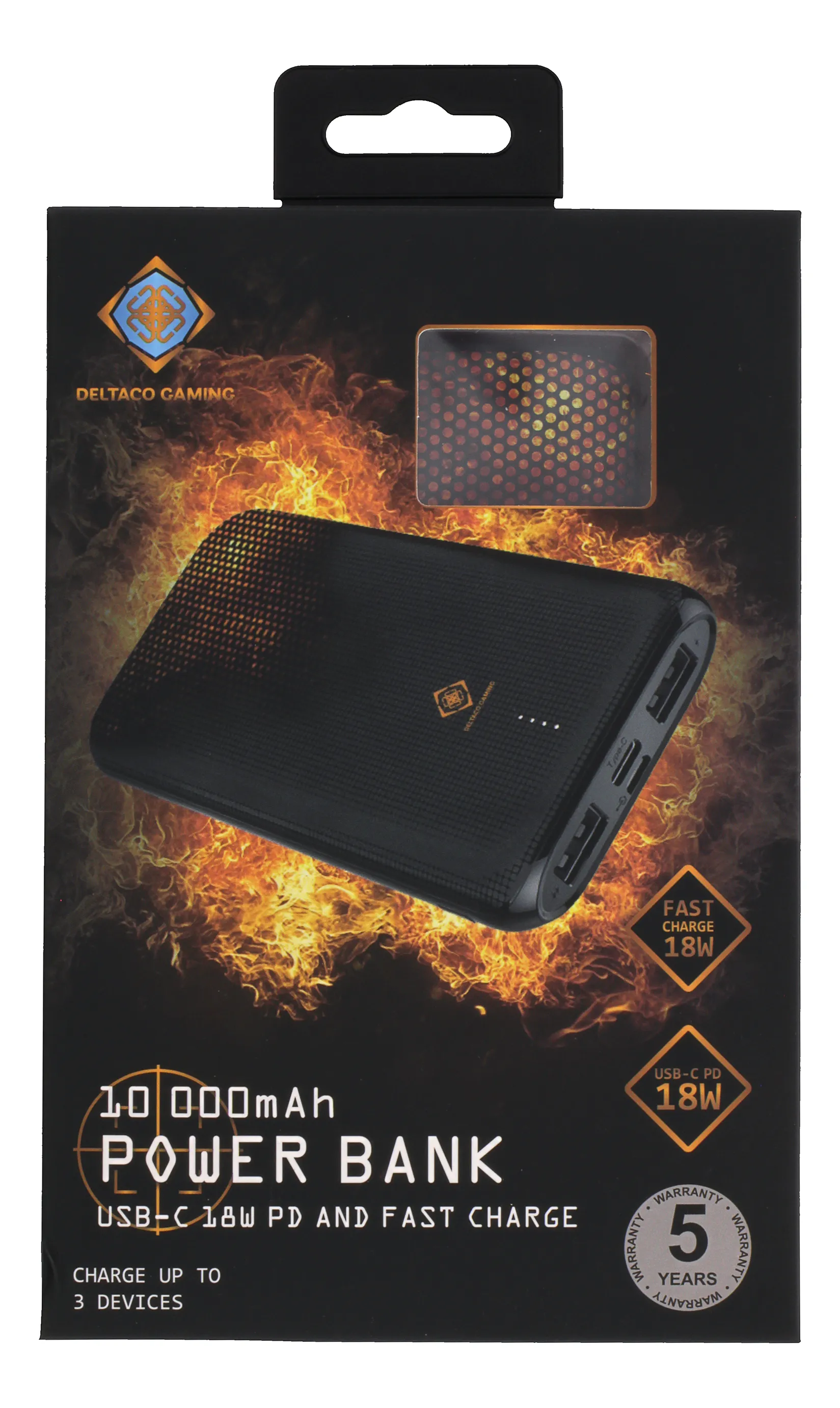 DELTACO GAMING 10,000 mAh Power Bank, 37Wh, Li-Po, Aluminum, USB-C 18W