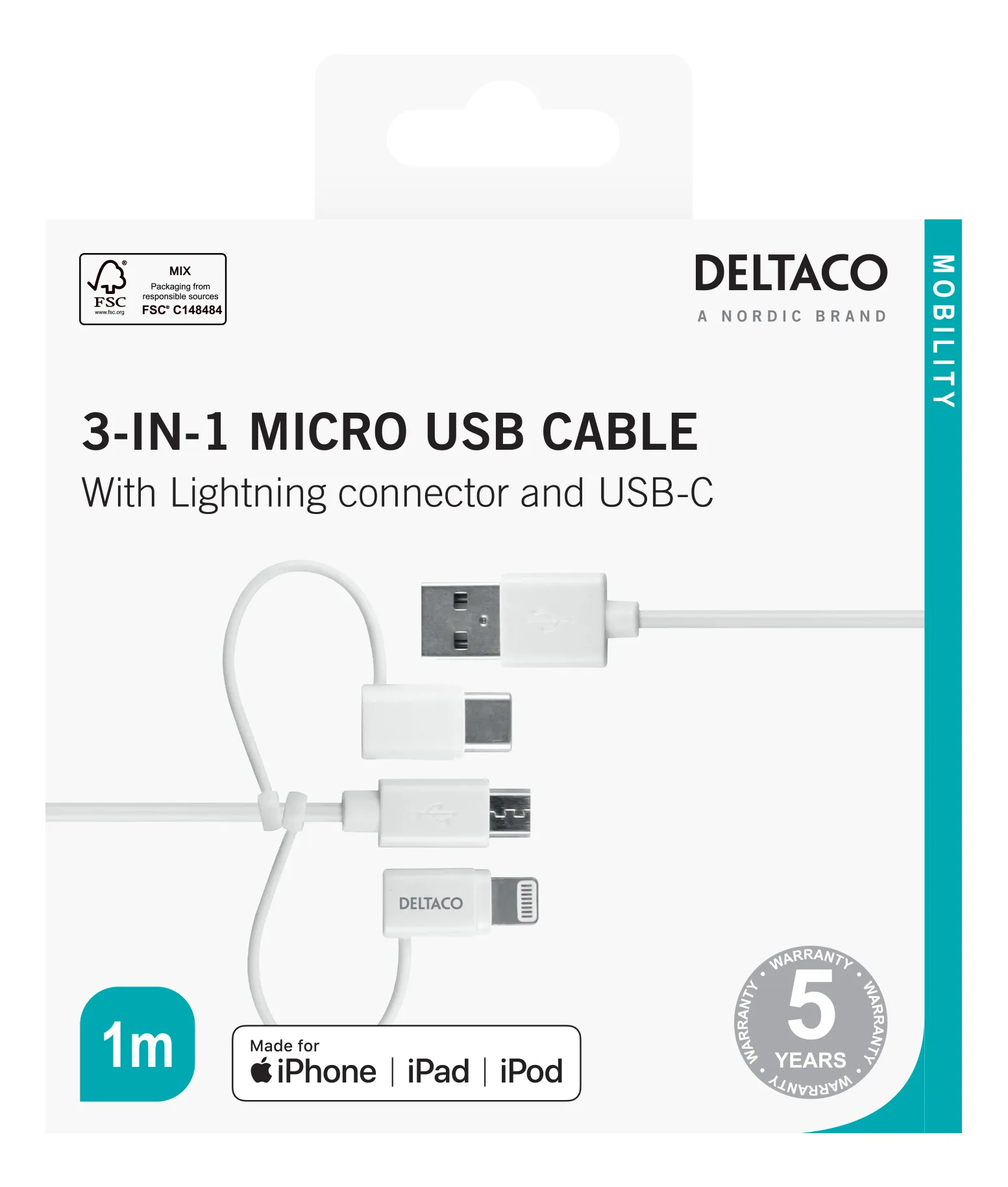 DELTACO USB-A to 3in1, Micro USB, USB-C, Lightning, 1m, white
