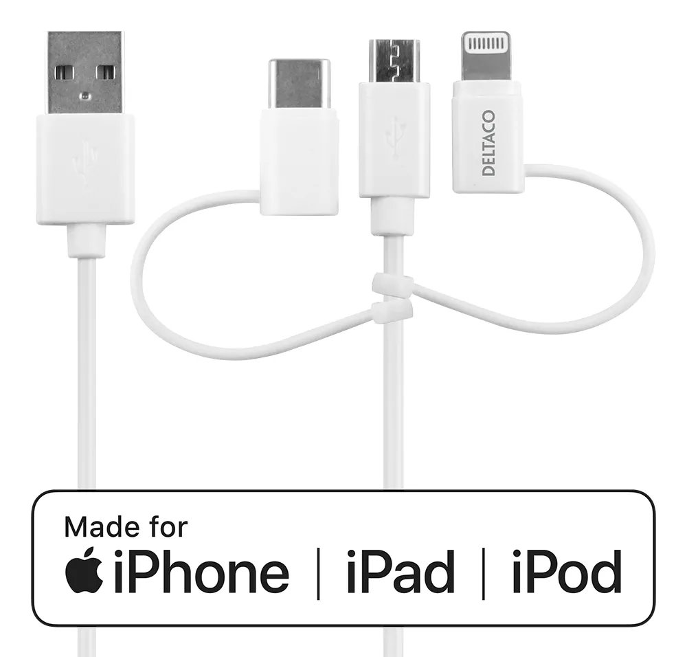 DELTACO USB-A to 3in1, Micro USB, USB-C, Lightning, 1m, white