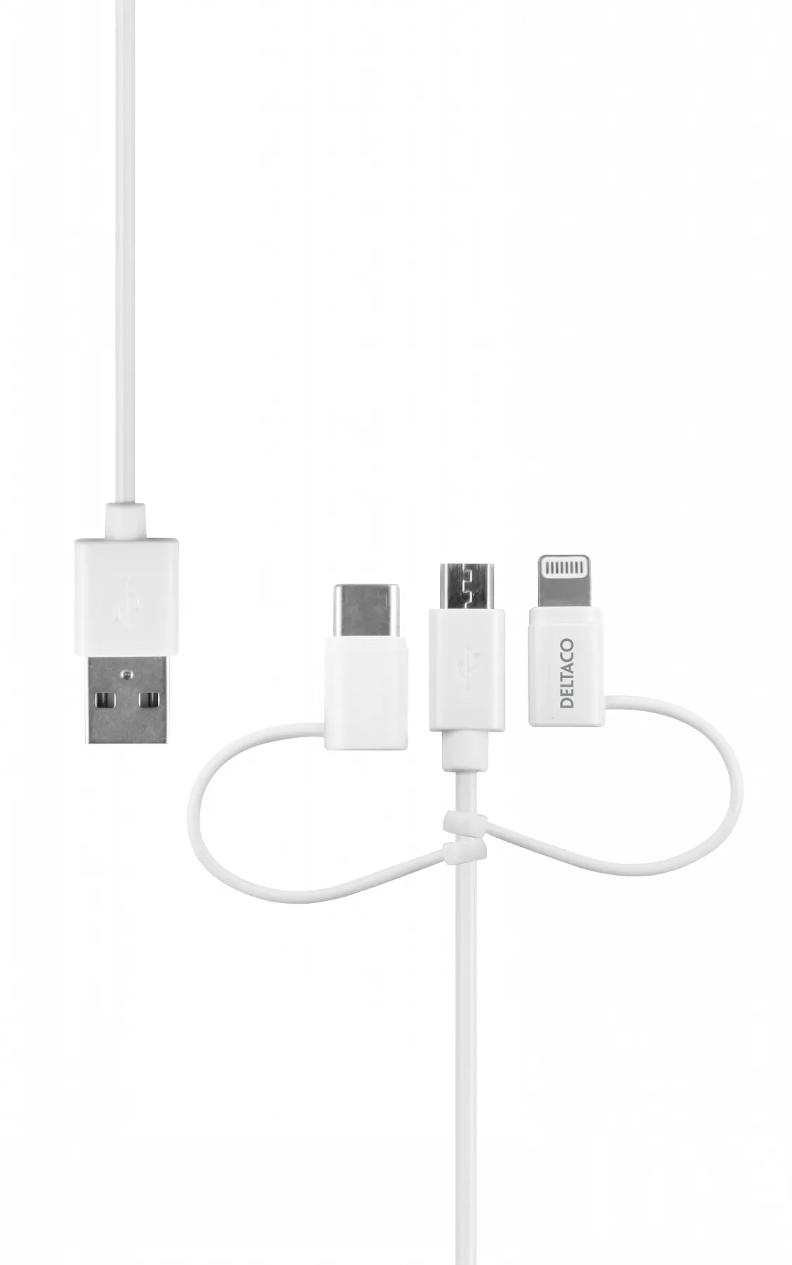DELTACO USB-A to 3in1, Micro USB, USB-C, Lightning, 1m, white