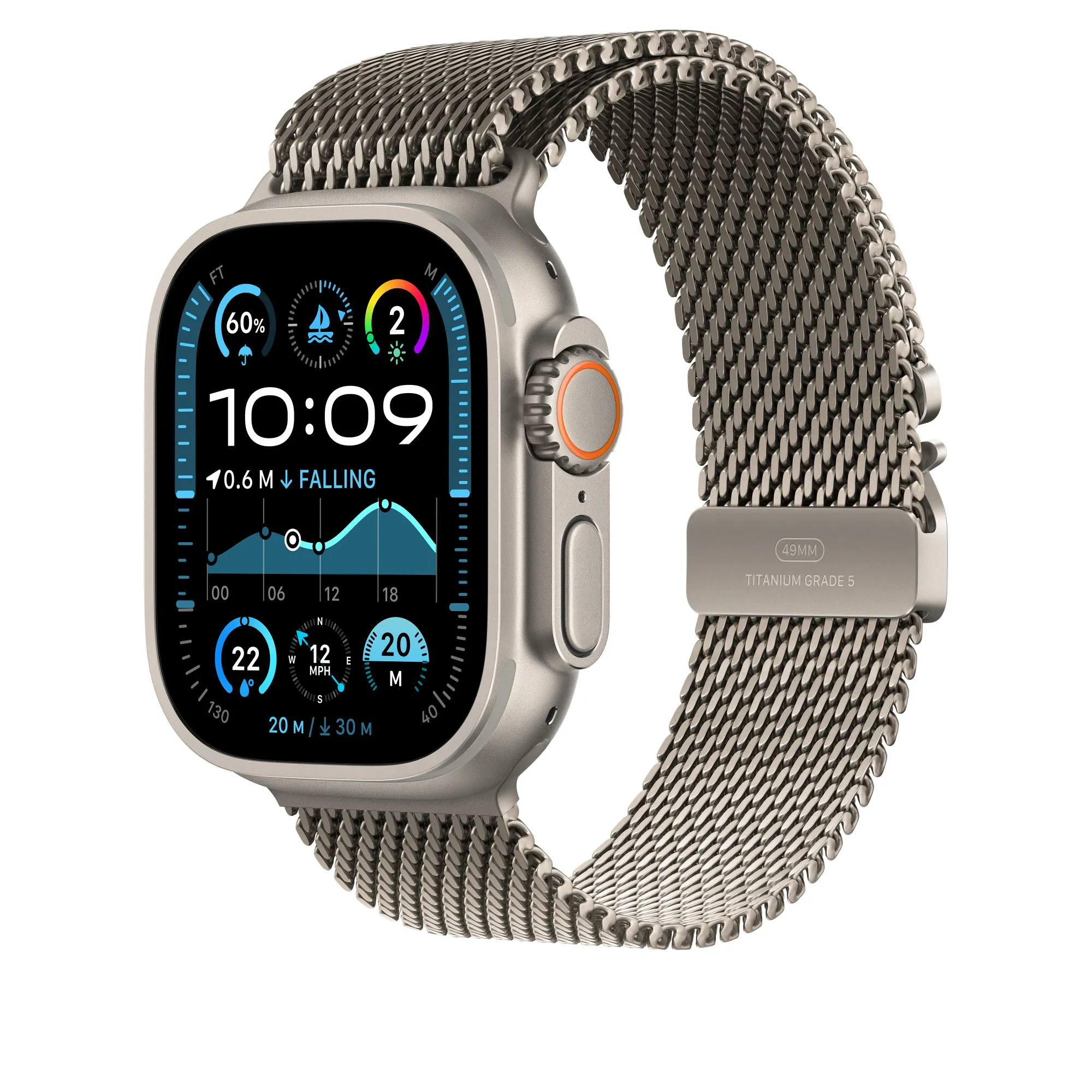 Apple Watch 49 mm - Milanesisk loop, Naturligt titan, Medium