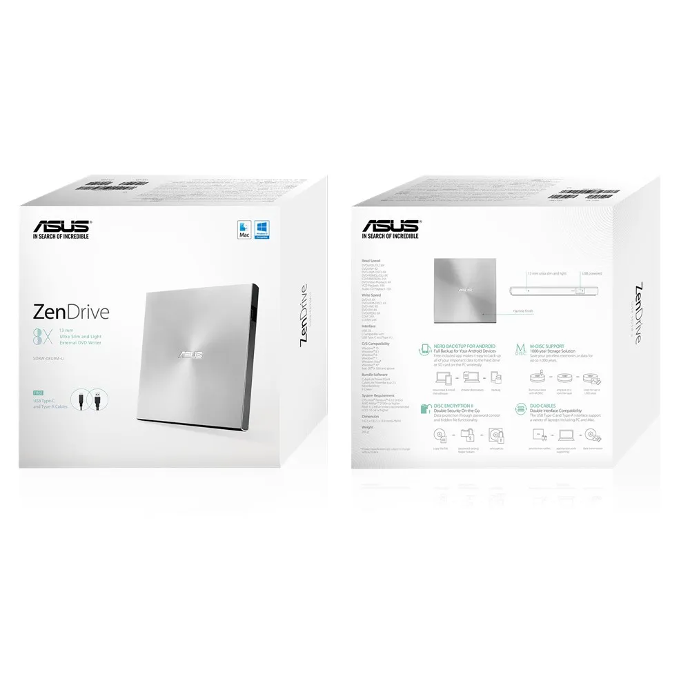 ASUS SDRW-08U9M-U/SIL/G/AS/P2G USB TYPE-C Cable + NERO Backitup