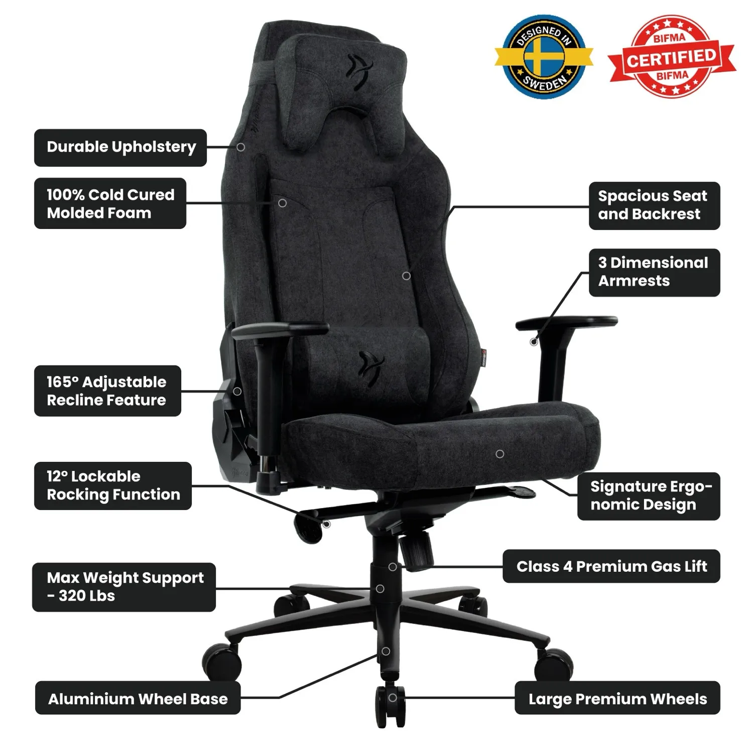 Arozzi Vernazza XL Soft Fabric Gaming Chair - Pure Black