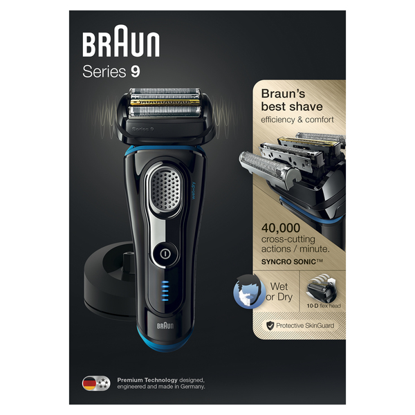 BRAUN PARRANAJOKONE 9240s Musta, SERIES-9 Wet&amp;Dry, Latausteline, SyncroSonic joustava 4-ter&auml;inen ajop&auml;&auml;, uudistettu trimmeriosa, 40% v&auml;hemm&auml;n ihokontaktia, &Auml;lyk