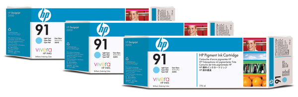 HP 91 Light Cyan Ink Cartridge 3-pack - 3 ink cartridges 775 ml each, not for individual sale