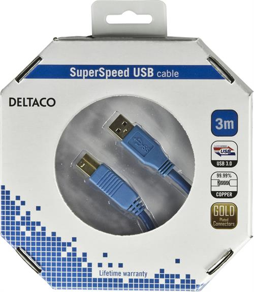 DELTACO USB 3.0 kaapeli Tyyppi A uros - Tyyppi B uros, 3m, sininen