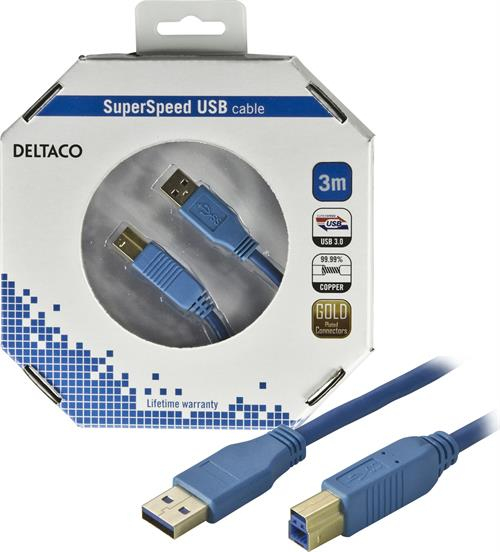 DELTACO USB 3.0 kaapeli Tyyppi A uros - Tyyppi B uros, 3m, sininen