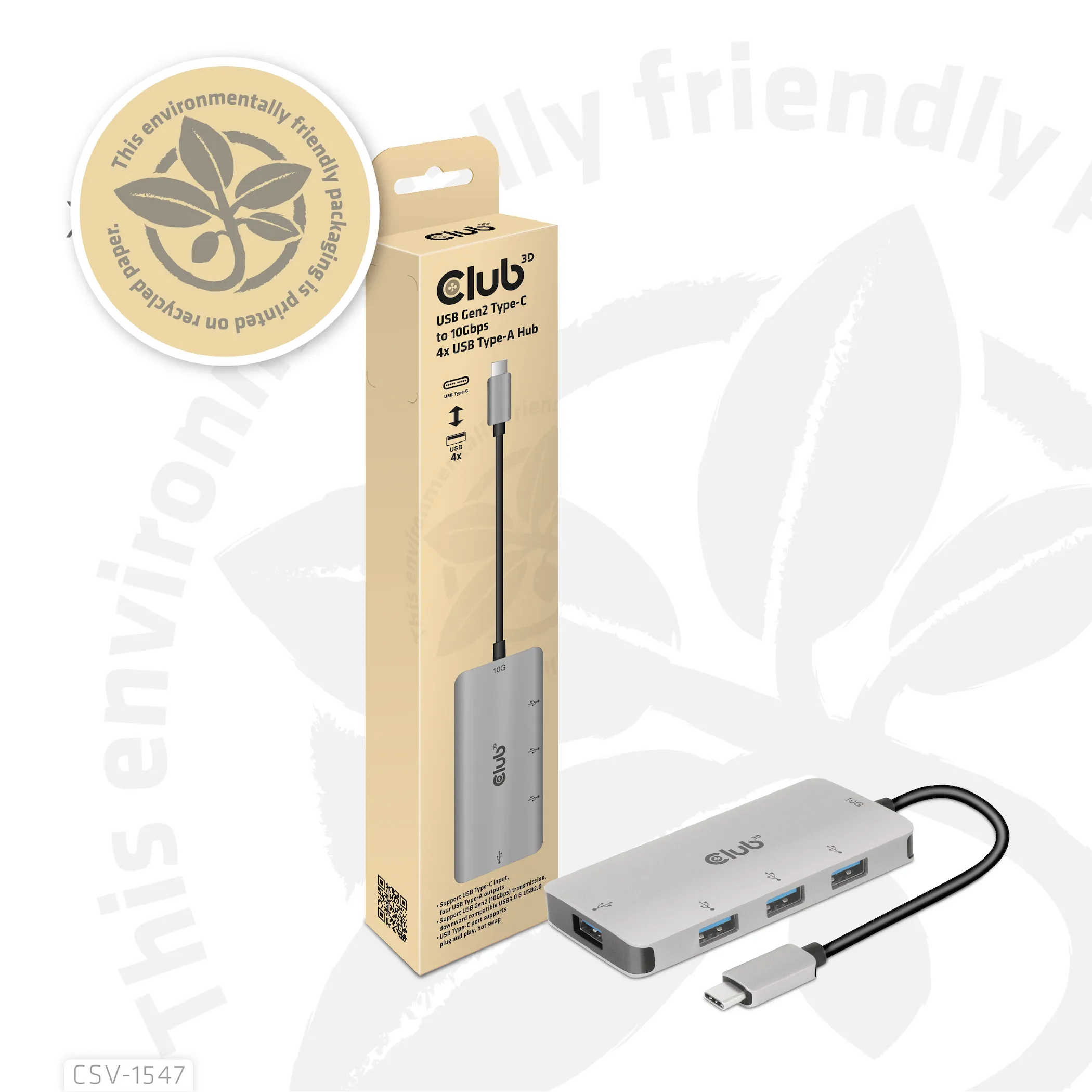 Club 3D 3.1 Gen2 USB-C - 10Gbps 4x USB-A - hub, Grey