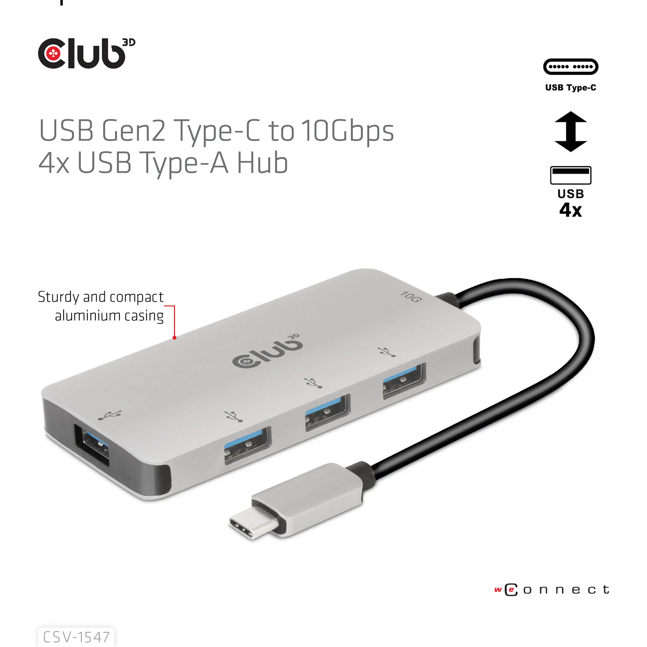 Club 3D 3.1 Gen2 USB-C - 10Gbps 4x USB-A - hub, Grey