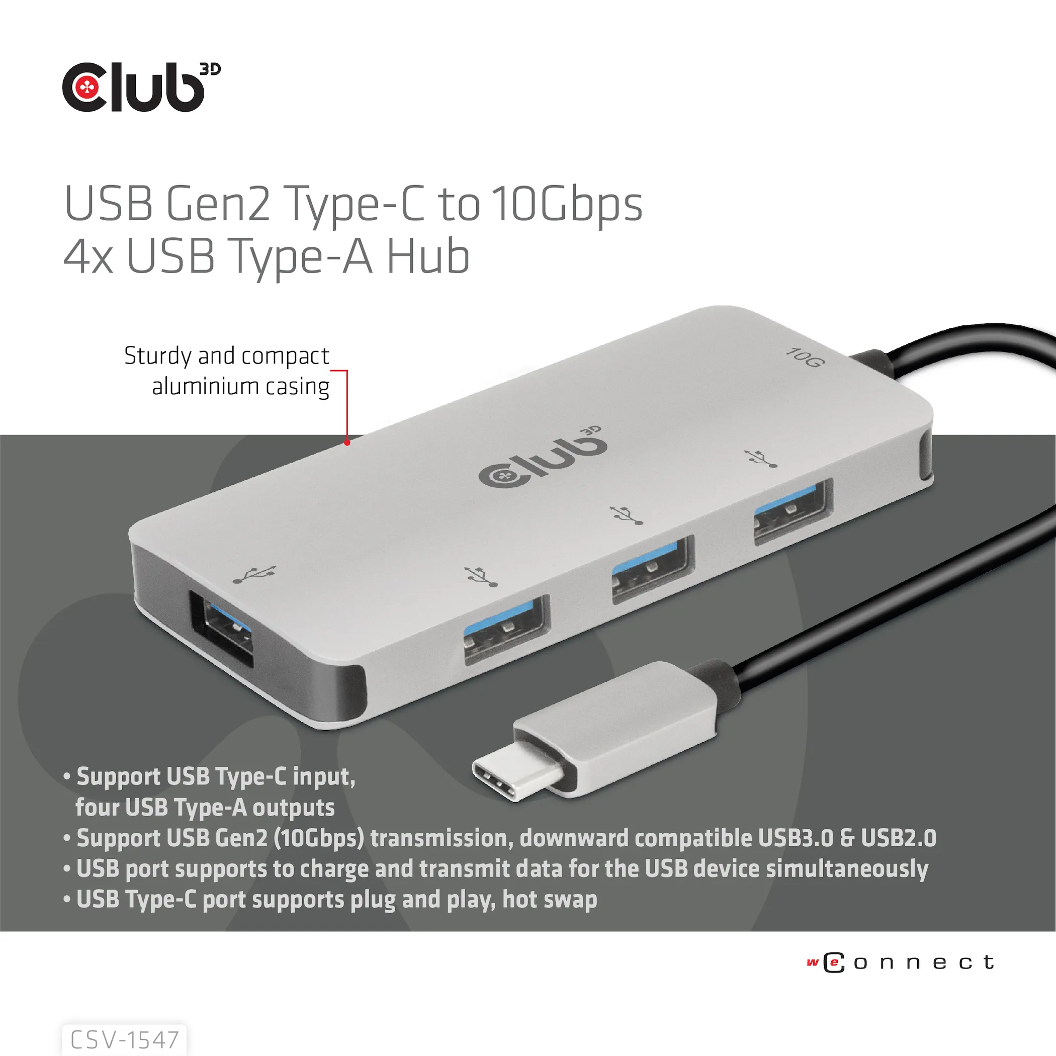 Club 3D 3.1 Gen2 USB-C - 10Gbps 4x USB-A - hub, Grey