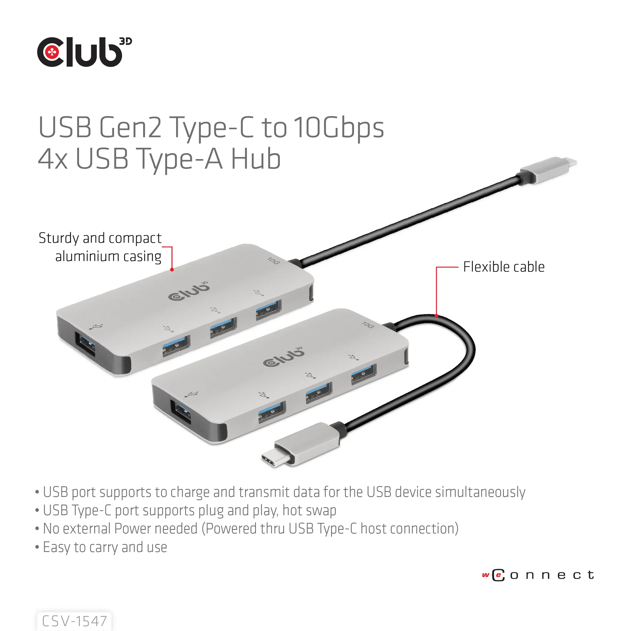 Club 3D 3.1 Gen2 USB-C - 10Gbps 4x USB-A - hub, Grey
