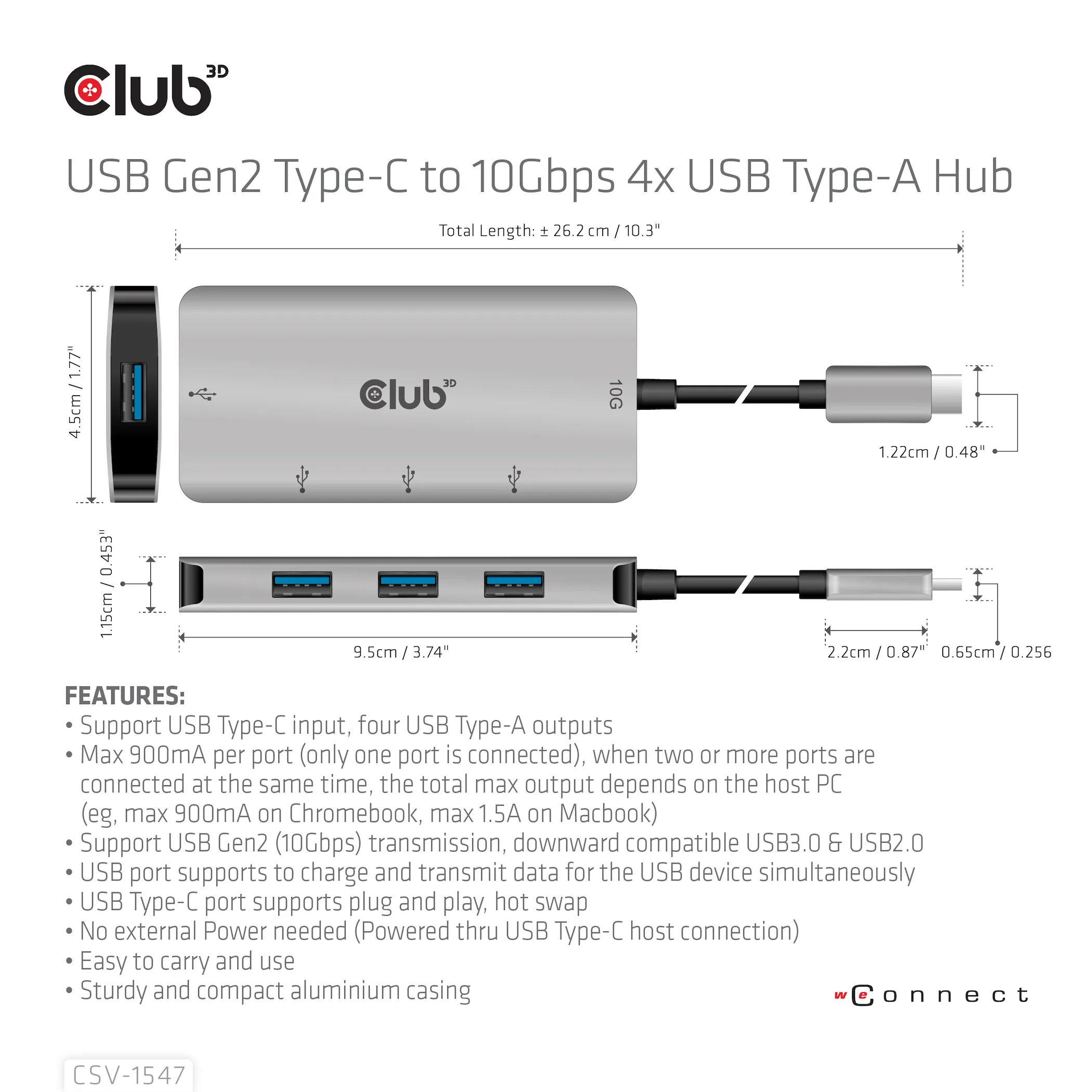 Club 3D 3.1 Gen2 USB-C - 10Gbps 4x USB-A - hub, Grey