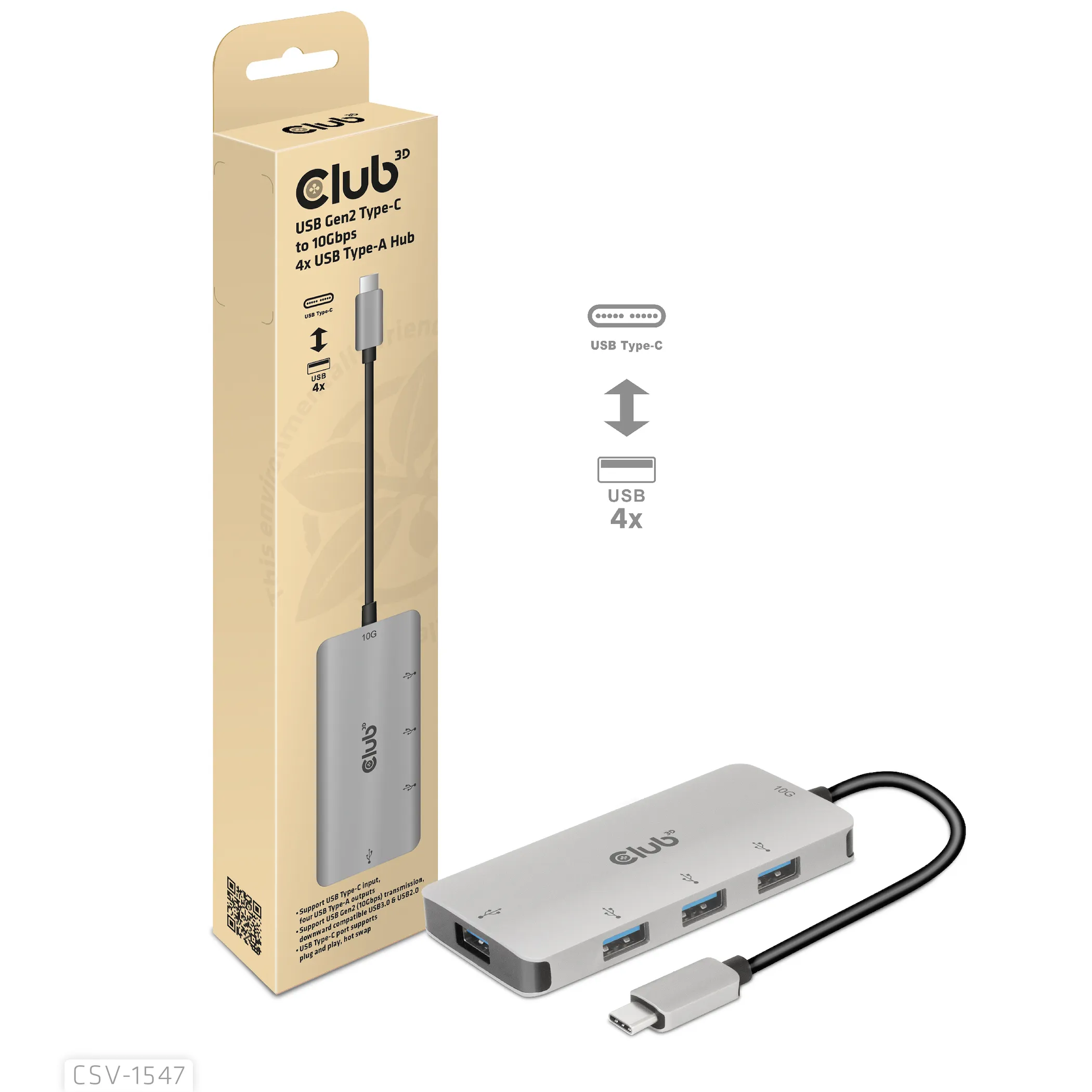 Club 3D 3.1 Gen2 USB-C - 10Gbps 4x USB-A - hub, Grey