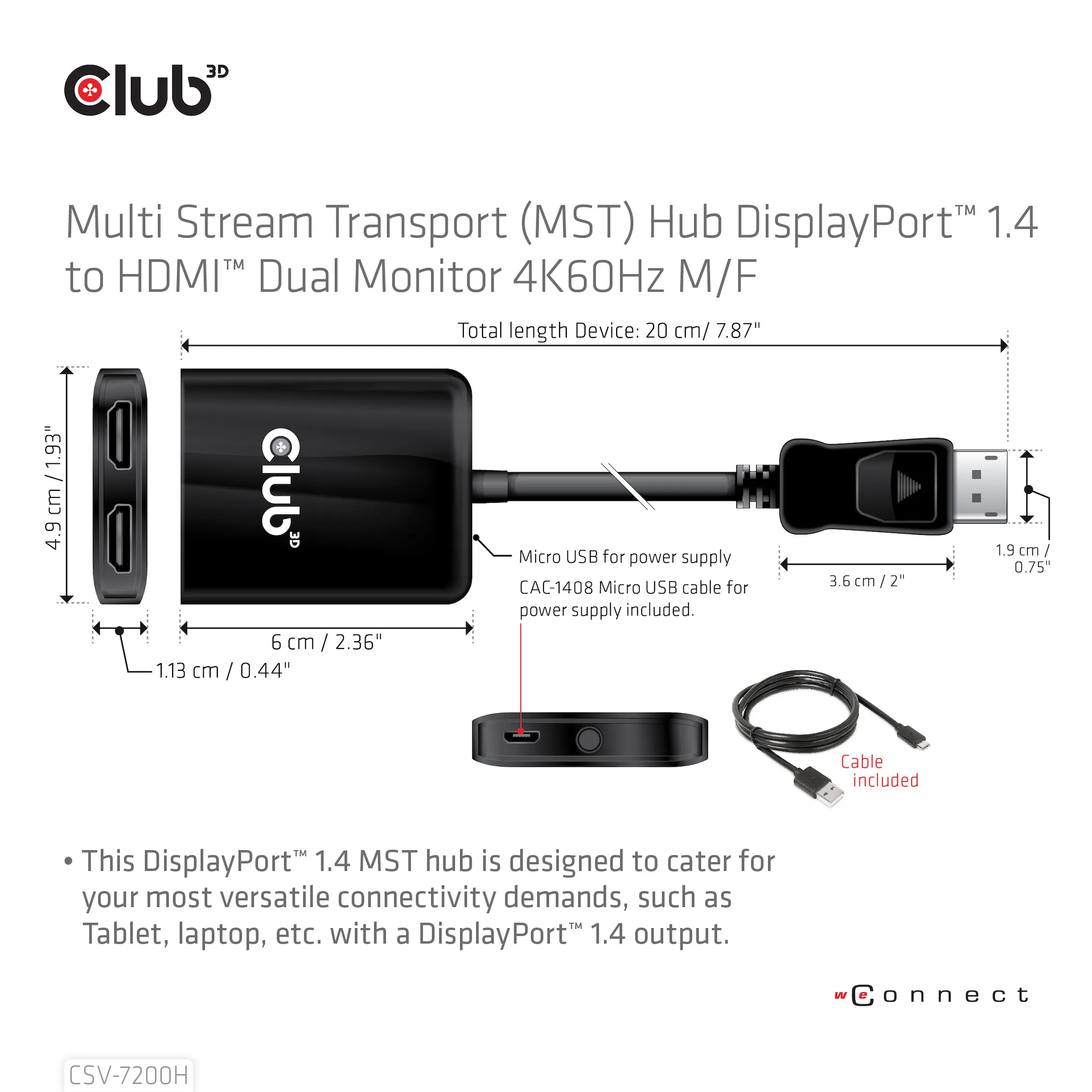 Club 3D DisplayPort 1.4 - 2x HDMI MST - hub, Svart