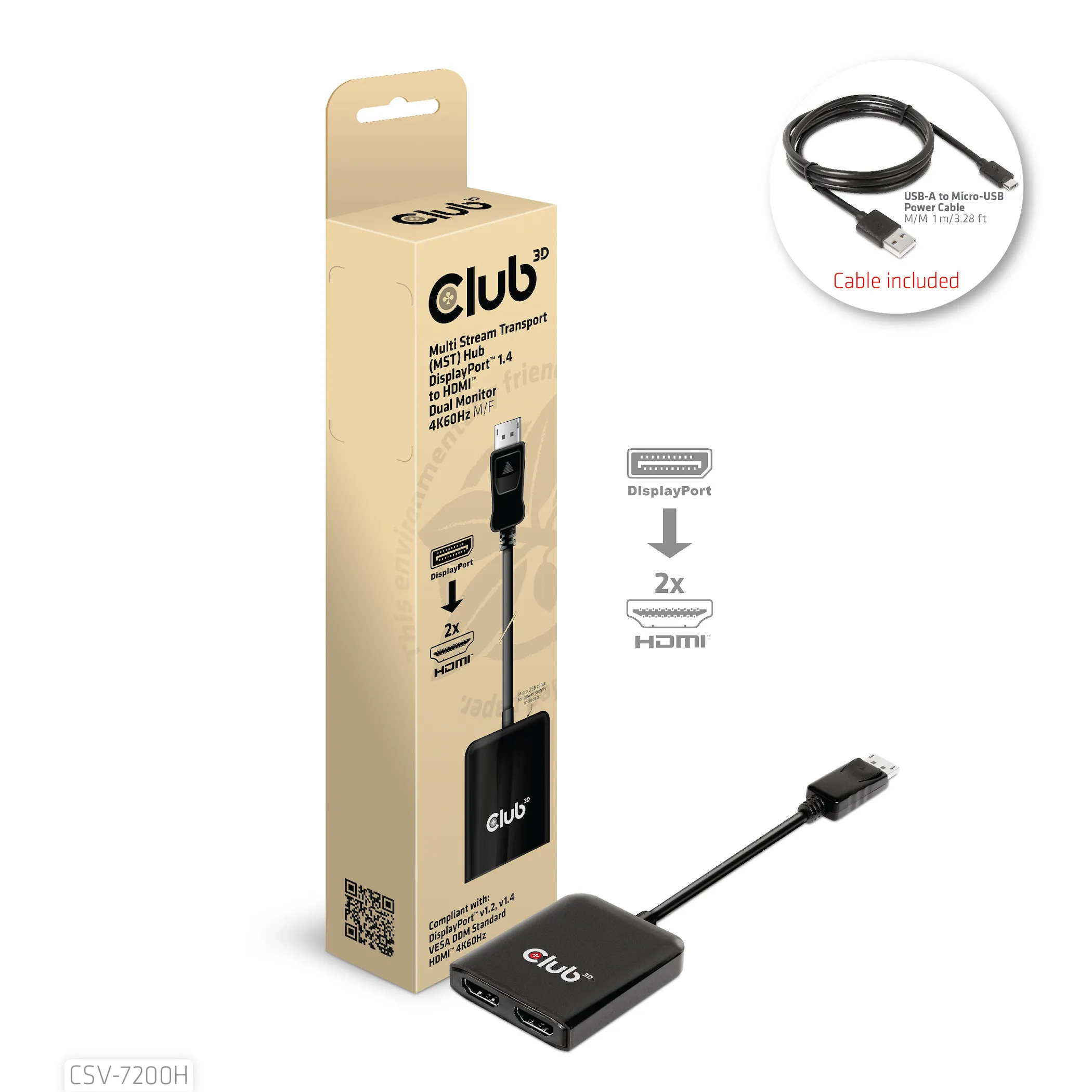 Club 3D DisplayPort 1.4 - 2x HDMI MST - hub, Svart
