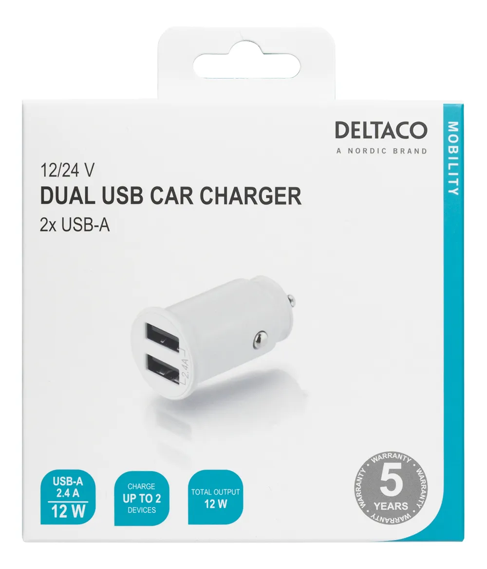 DELTACO 12/24 V USB-billadare med kompakt storlek och dubbla USB-A por