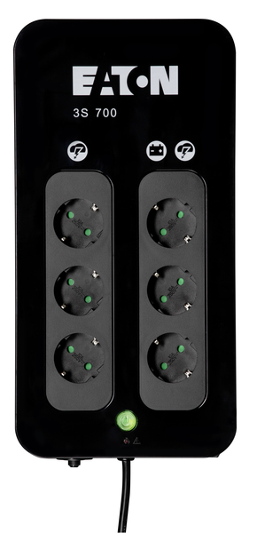 Eaton 3S DIN 700 VA/420 W 2 min 230 V UPS kotitietokoneelle, 3x akkuvarmennettua Schuko-liitynt&auml;&auml; + 3x ylij&auml;nnitesuojatua Shuko-liitynt&auml;&auml;. USB-portti tietokonee